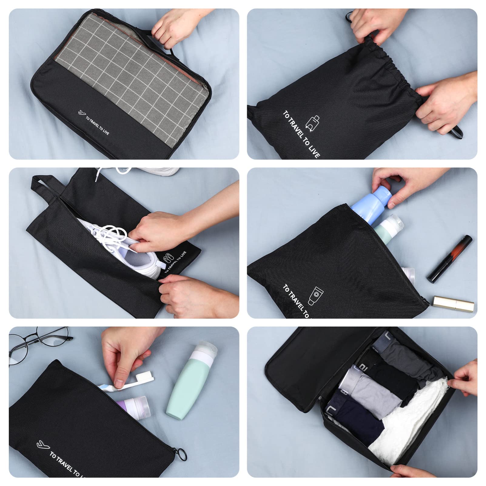 Holibanna 7pezzi Organizer Da Viaggio Cubi Pieghevoli Impermeabili Per Abbigliamento e Accessori Da Valigia Sacchetti Salvaspazio Nero Per Vacanze e Viaggi Affari