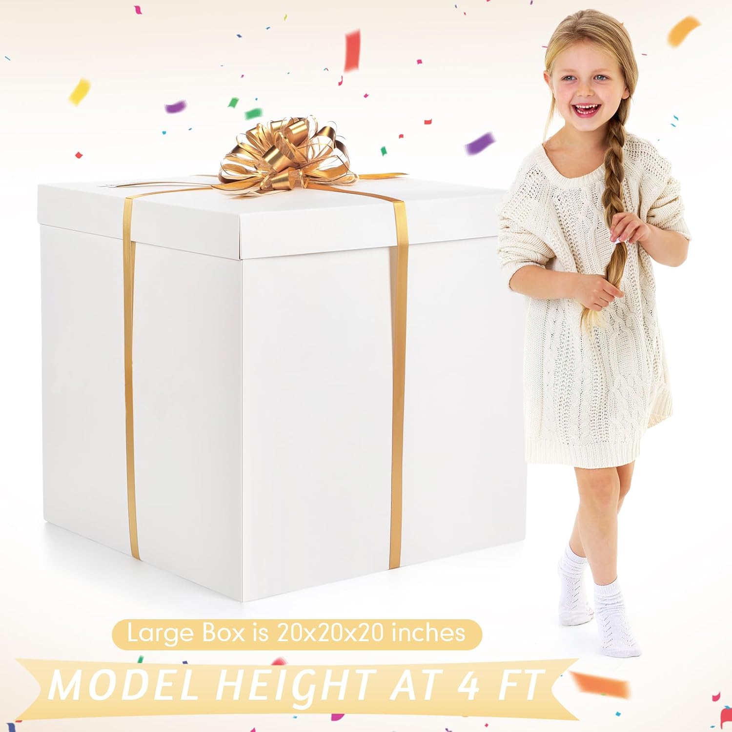Kolldenn Extra Large Gift Box with Lid, Giant Gift Box for Gender Reveal Big Presents with Bows and Ribbons for Birthday Special Celebrations Anniversaries Wedding Party(White,20x20x20 Inches)