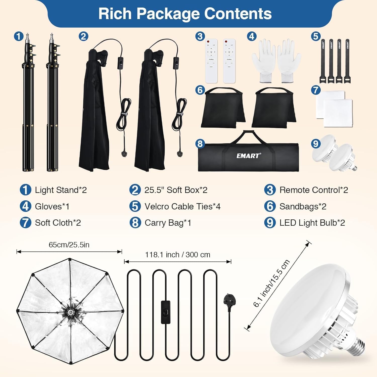 EMART Softbox Set Photo Studio, 65cm 135W Kit di Illuminazione LED | Dimmerabile, 3000-6000K, Soft Box,Video YouTube, Fotografia, Ritratti in Studio, Streaming Live
