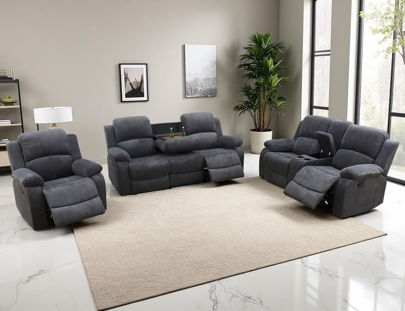 Manual Recliner Sofa Set, Luxury Recliner Couch Set, Living Room Furniture Sets, Fabric Reclining Sofa Loveseat Chair with Cup Holders/Coffee Table for Living Room/Office/RV Car, Dark Grey
