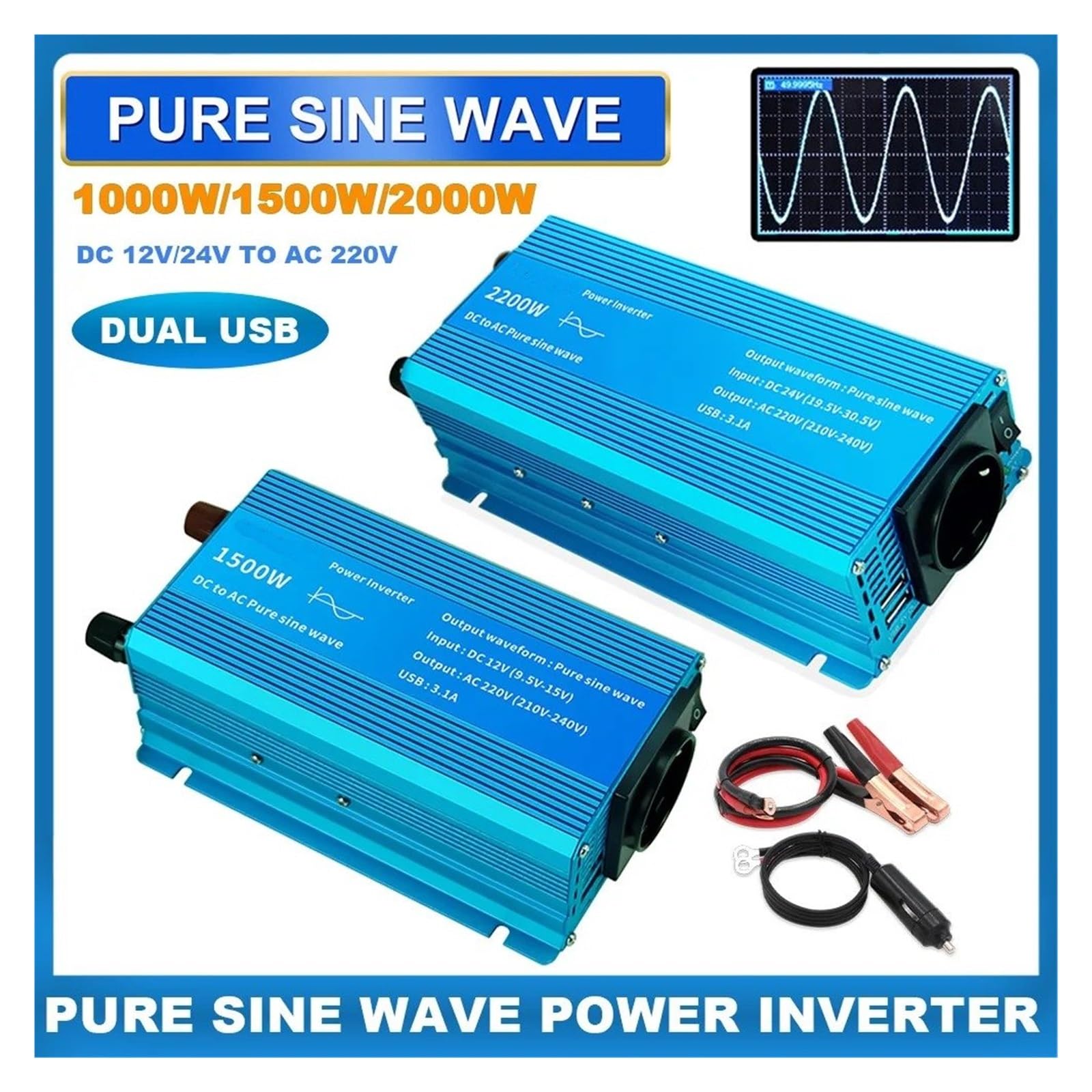 Power Inverter Inversor Corriente Onda Sinusoidal Pura 1000W/1500W/2200W CC 12V/24V A CA 220V Convertidor Voltaje para Adaptador Carga USB Dual Convertidor(12V,1000W 50Hz Uni)