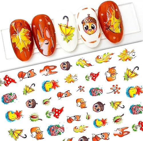 Miniatura 7 de Calcomanías de uñas de otoño 3D para mujer, hojas de arce de otoño, calcomanías de uñas para arte de uñas, dibujos animados, zorro, calabaza,