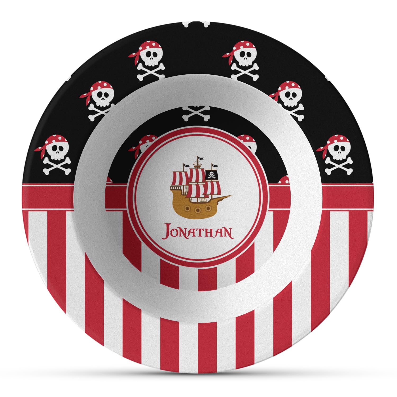 Personalized Pirate & Stripes Plastic Bowl - Microwave Safe - Composite Polymer