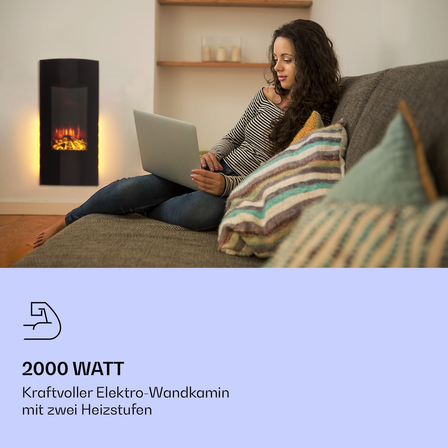 Klarstein Elektrokamin, Elektro Heizungen für Wohnzimmer & Innenräume, Elektrischer Kamin mit LED Flammen, Kamin zur Wandmontage, Heizlüfter mit Timer, Einstellbarer Thermostat, Heizung 2000 W