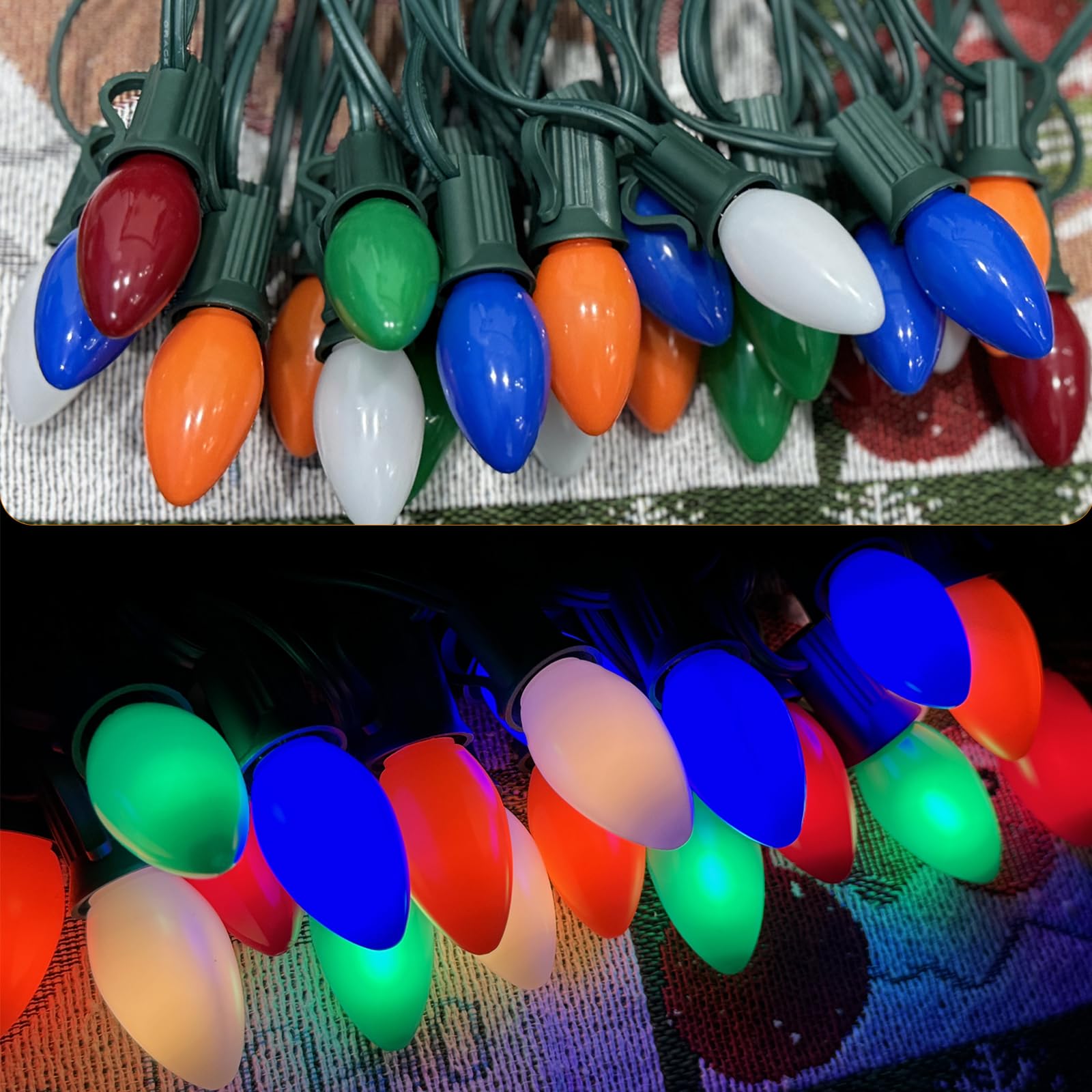 Couah Christmas Light Bulbs C7 Multi-Color Replacement Bulbs(25 Pack) C7 Ceramic Outdoor String Light Replacement Bulbs, C7/E12 Candelabra Base, 5 Watt