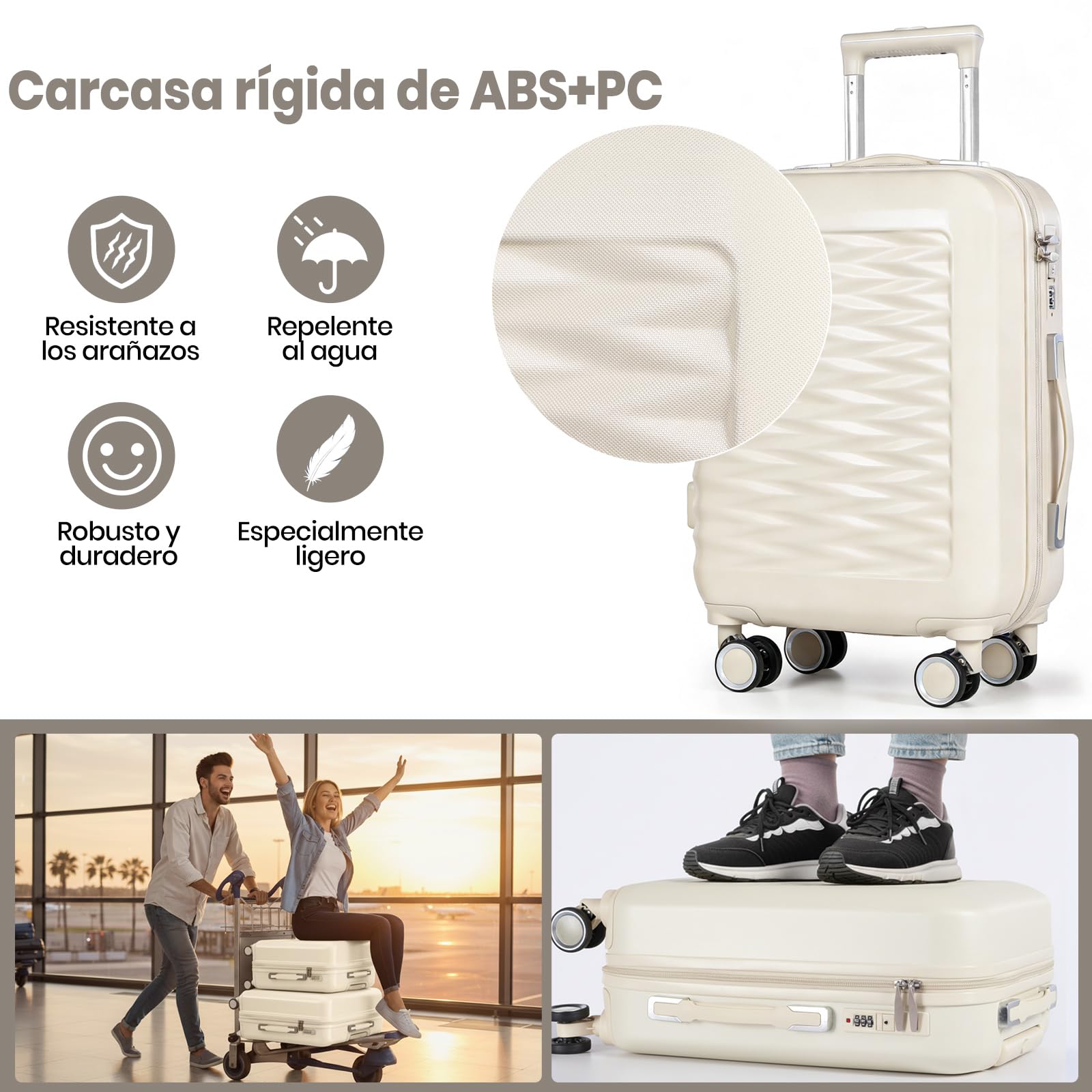 Juego de maletas con estuche de belleza, ligero ABS + PC, maleta de viaje rígida con ruedas giratorias, White, 4 Piece Set, Lado rígido moderno
