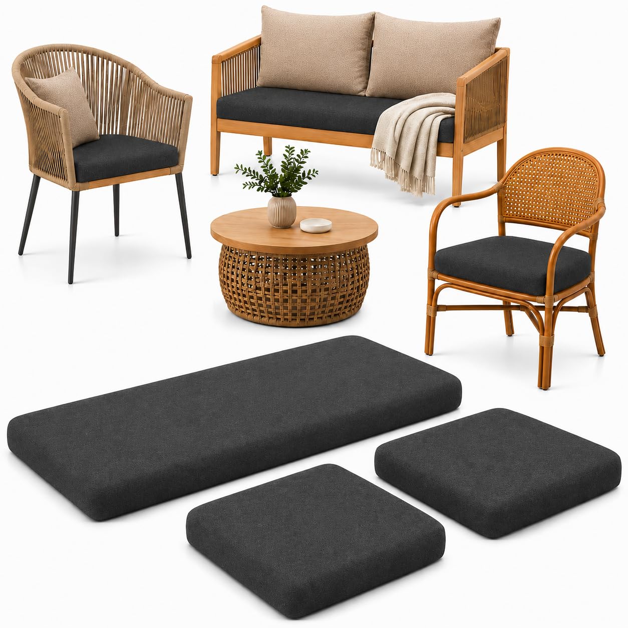 AHD COLLECTION 3 Piece Replacement Cushions for Rattan Garden Furniture, Water Resistant Outdoor Patio Seat Pads with Removable Covers, Garden Sofa & Chair Cushion Set for Patio, Charcoal
