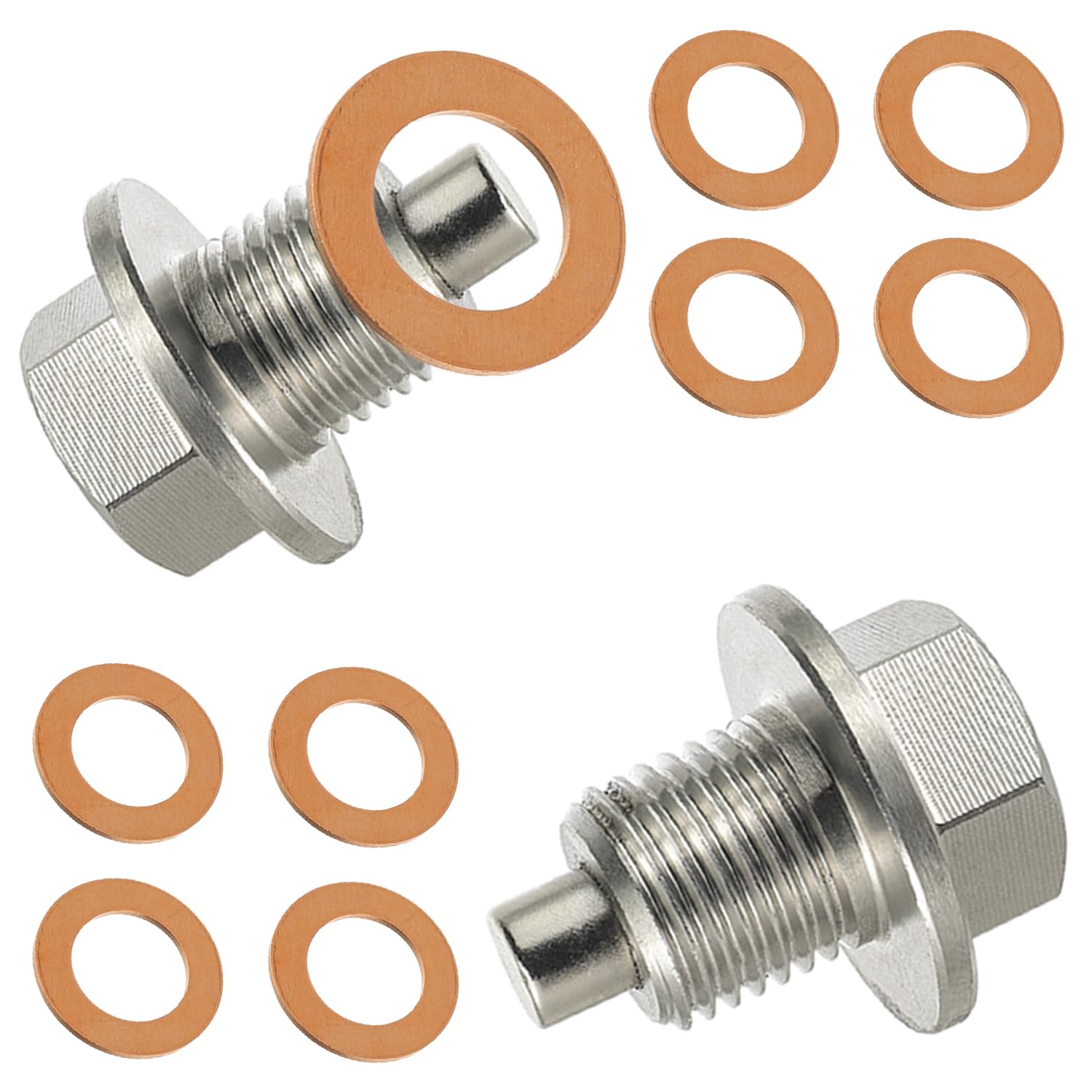2 szt. M12 x 1,25 Magnetyczny korek spustowy oleju, magnetyczna uszczelka korka spustowego miski olejowej, z 10 szt. miedzianą podkładką zgniatającą, uniwersalna, szczelna wymiana, pasuje do