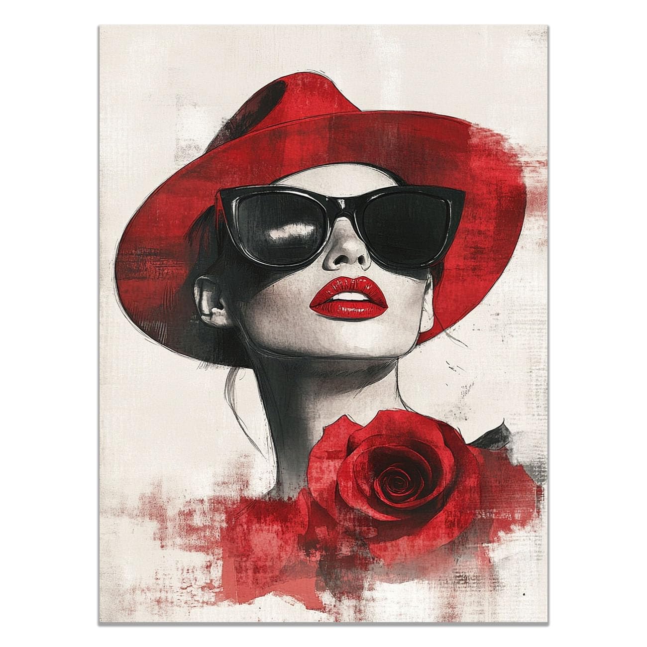 QUSAAOU Fashion Portrait Canvas Wall Art Woman in Red Hat with Sunglasses and Rose Sketch For Living Room Bedroom African American Decor For Home Afro Woman Poster And Prints(Red)-80x120cm Unframed