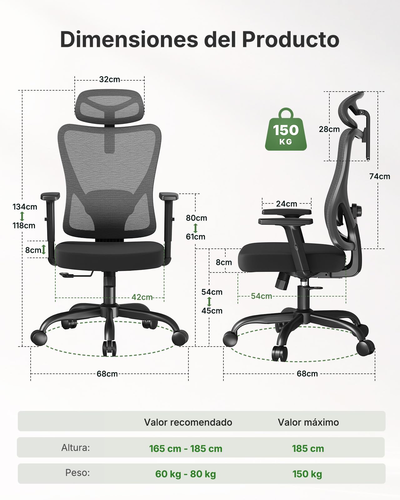 Marsail Silla Oficina, Silla Escritorio Ergonómica con Reposacabezas 2D, Soporte Lumbar 2D, Reposabrazos Plegables 3D, Asiento 8 cm, Altura Regulable, Función Basculante, hasta 136 kg