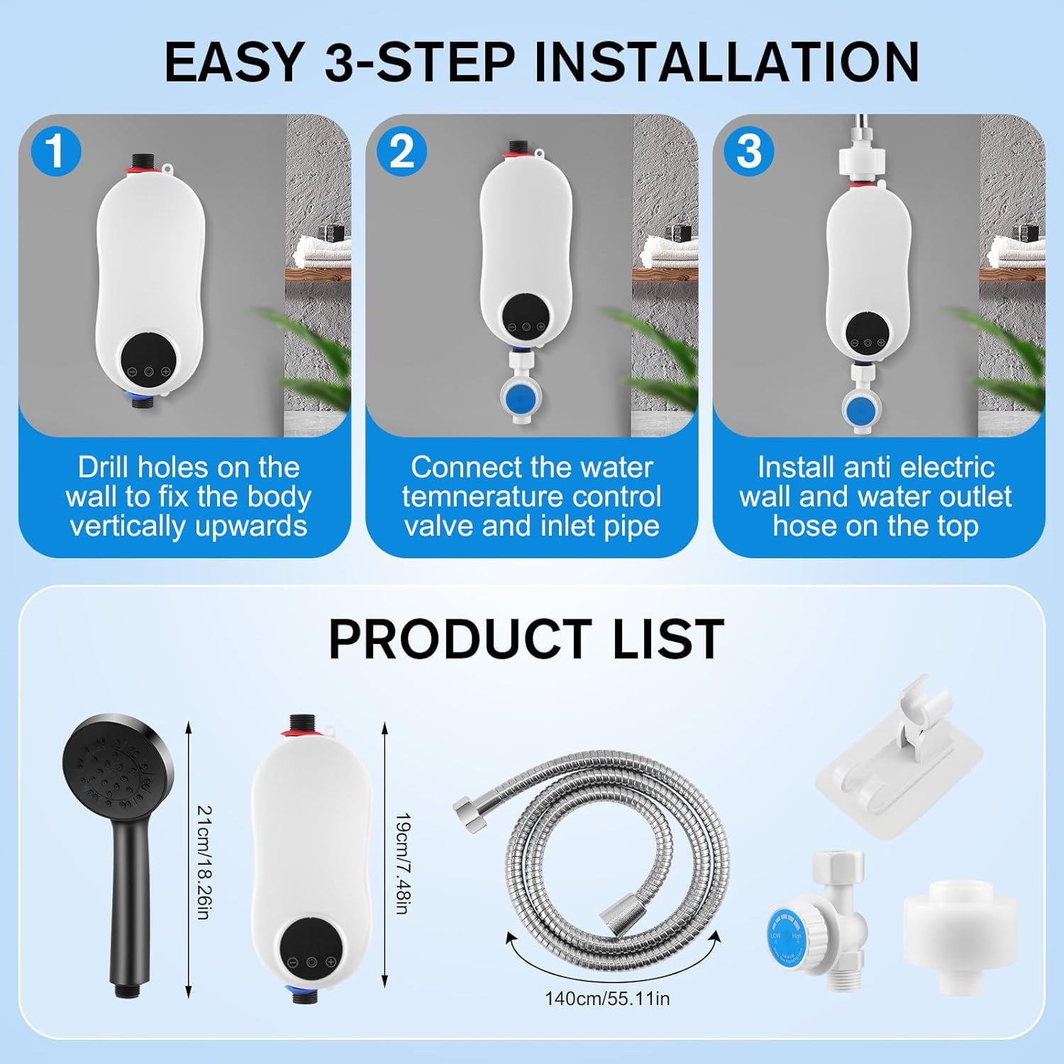 Scaldacqua elettrico istantaneo (con kit doccia) 5500 W 220 V mini scaldabagno senza serbatoio acqua calda, indicatore di temperatura LED + tecnologia intelligente inverter (5500 W)