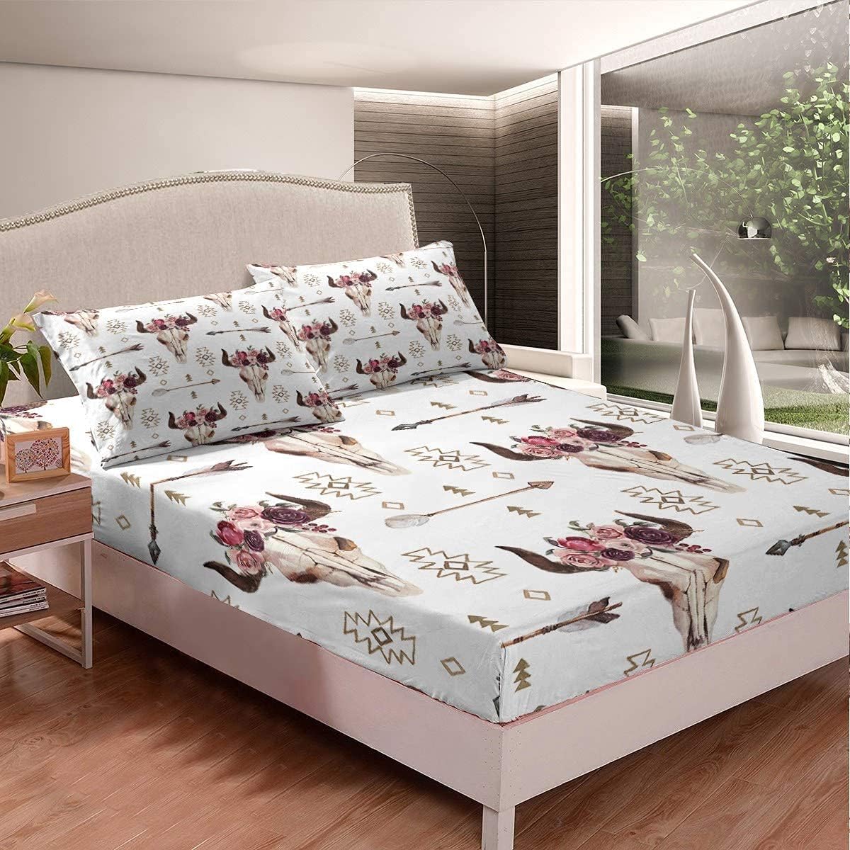 Juego de sábanas con diseño de calavera de toro, juego de sábanas de flores florales, para niños, niñas, adolescentes, tribales y exóticas, tamaño individual, 2 unidades