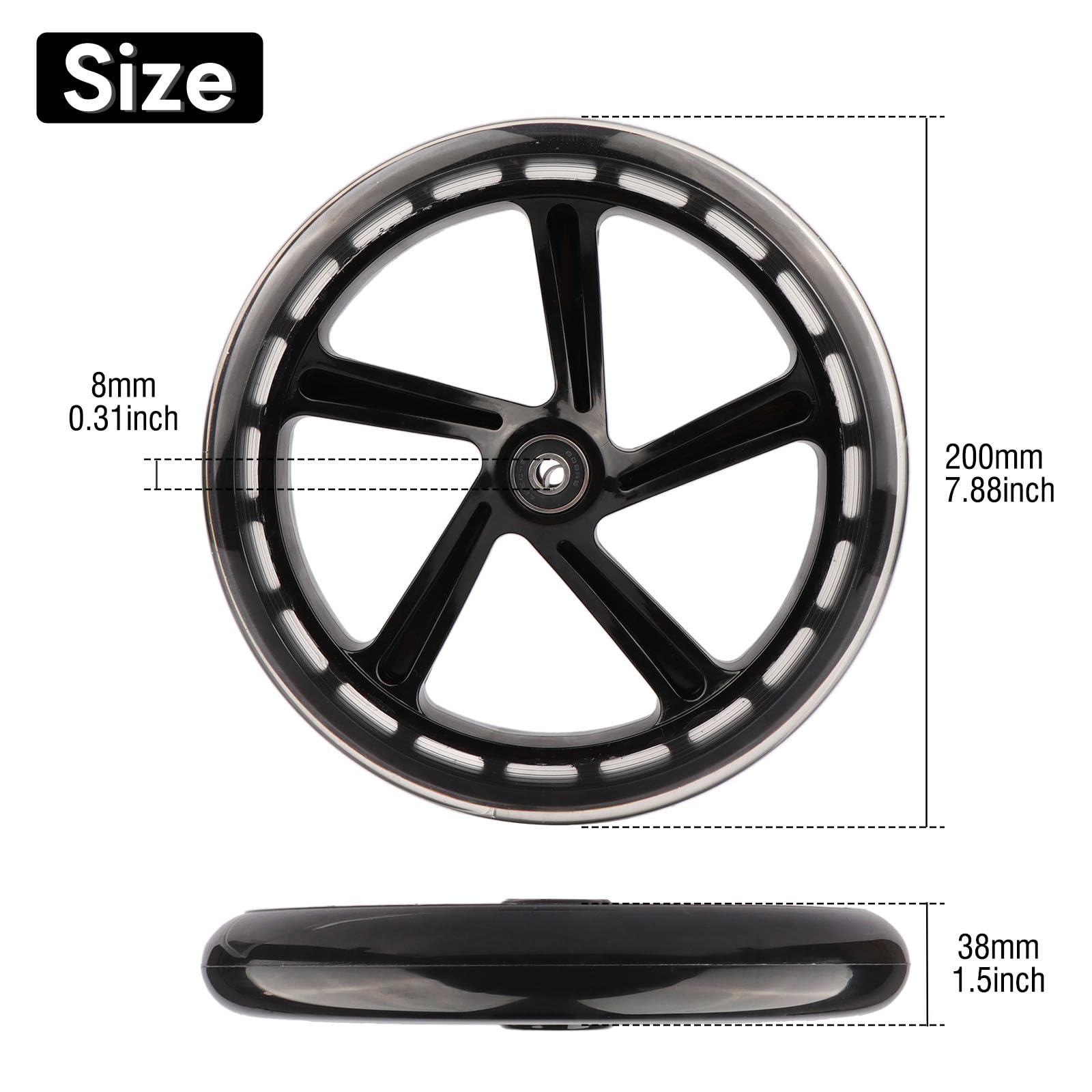 WHEELGOO 8-inch Scooter PU Replacement Wheels 200mm for Razor A5 Kick Scooter, Pack of 2 (Black)