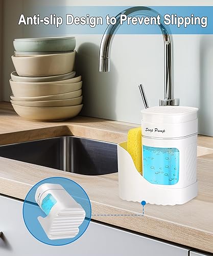 Miniatura 5 de Dispensador de jabón para platos 3 en 1 con soporte de esponja (incluye esponja), color blanco para fregadero de cocina