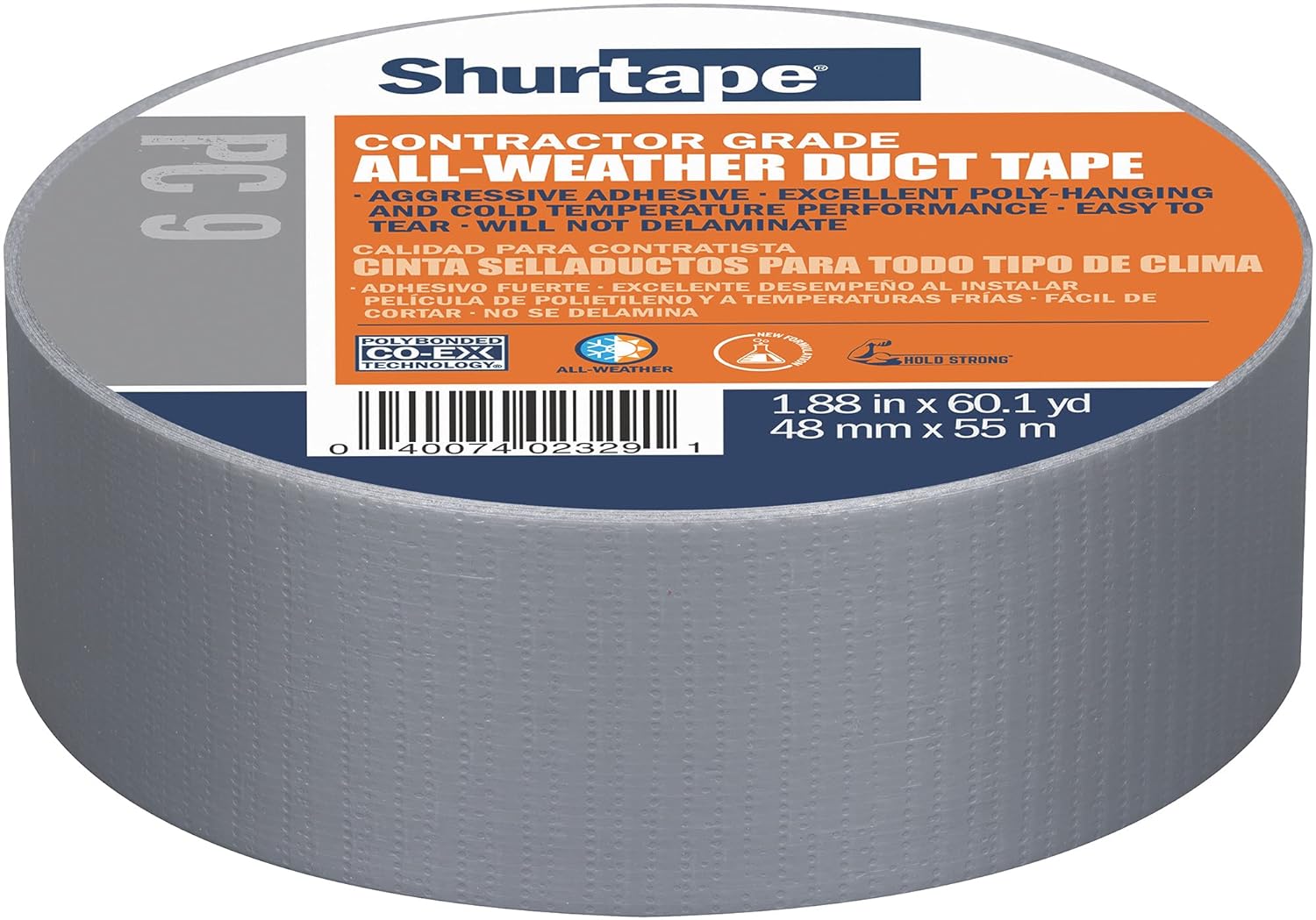Shurtape PC 007 Utility Grade, Co-Extruded Cloth Duct Tape, For Packaging, Sealing, Repairing and Waterproofing, Indoor/Outdoor, 48mm x 55m, 7 mil, Silver, 1 Roll (152300)