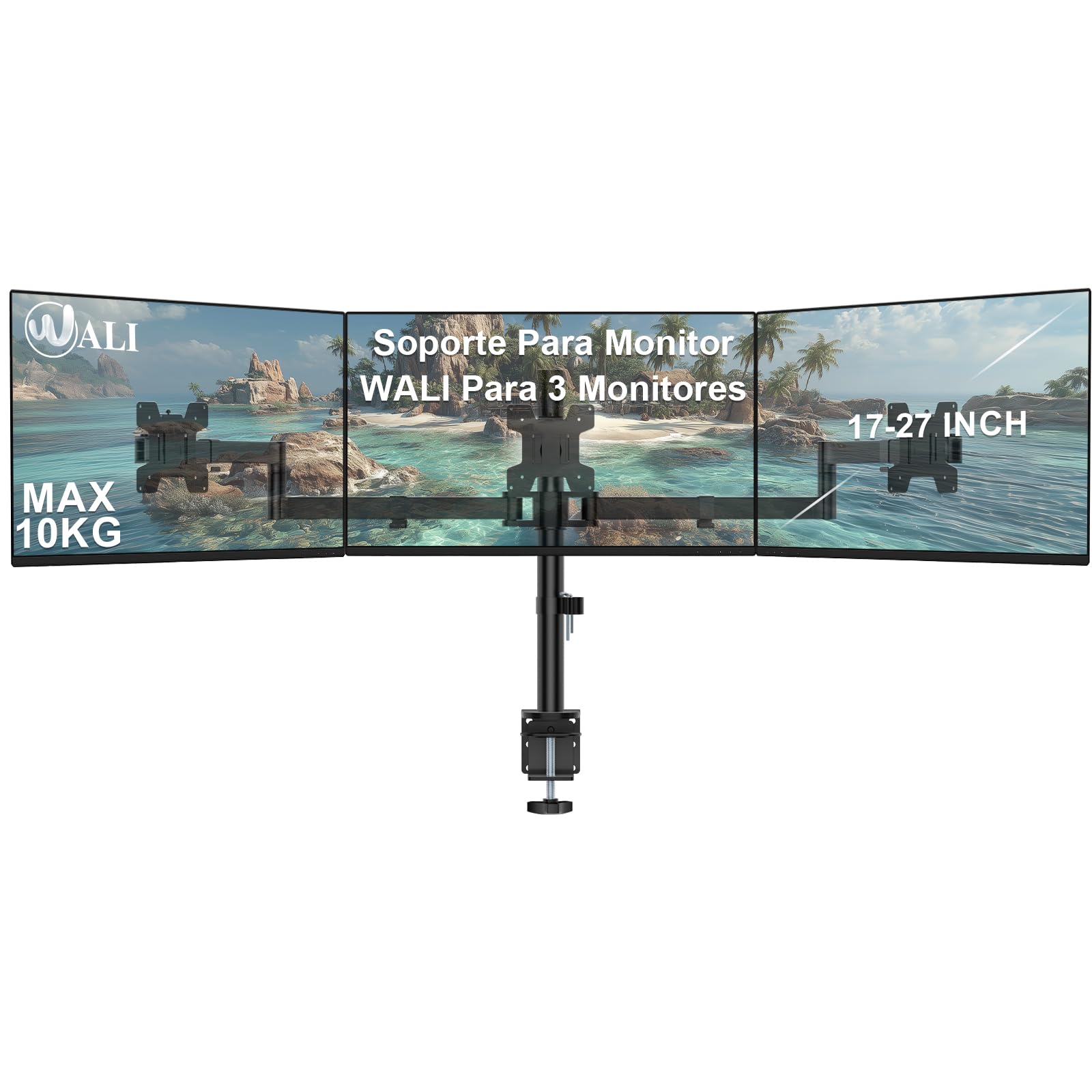 WALI Soporte Monitor Escritorio para Pantalla de hasta 27 Pulgadas, Brazo Monitor Soporte 3 monitores Inclinación y Giratorio, Peso Máx. 10 kg de Cada Brazo, VESA 75/100 mm, Negro