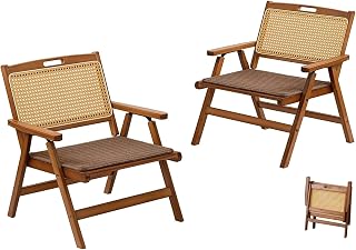 2 Unidades Silla Plegable de Madera, con Estructura de Madera, Asiento y Respaldo de Mimbre, Sillas Plegables Portátiles para Balcón Hogar Salón Y Comedor