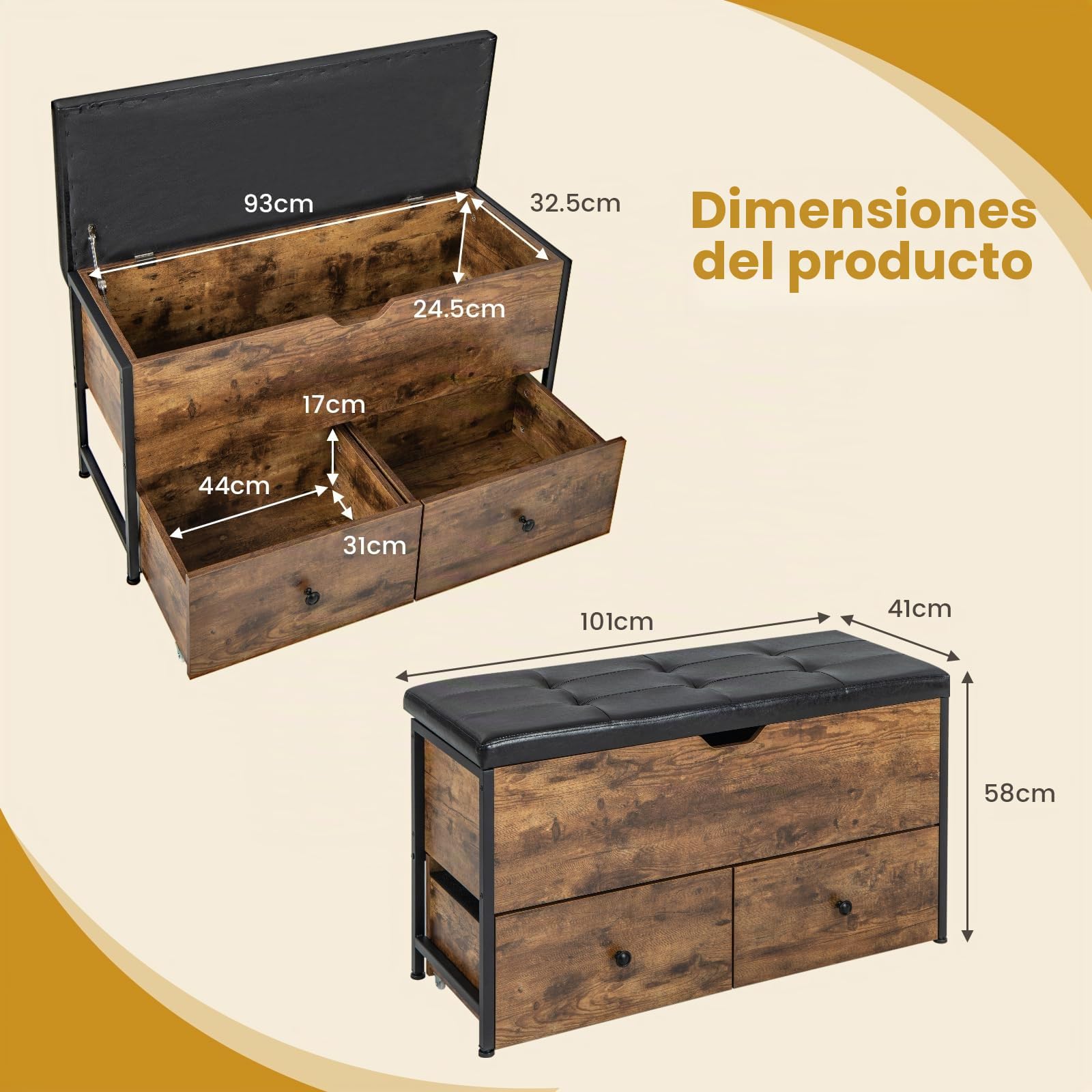 GOPLUS - Banco de almacenamiento de madera con asiento acolchado, carga de 150 kg, caja de almacenamiento estilo industrial con 2 cajones, bisagra de seguridad