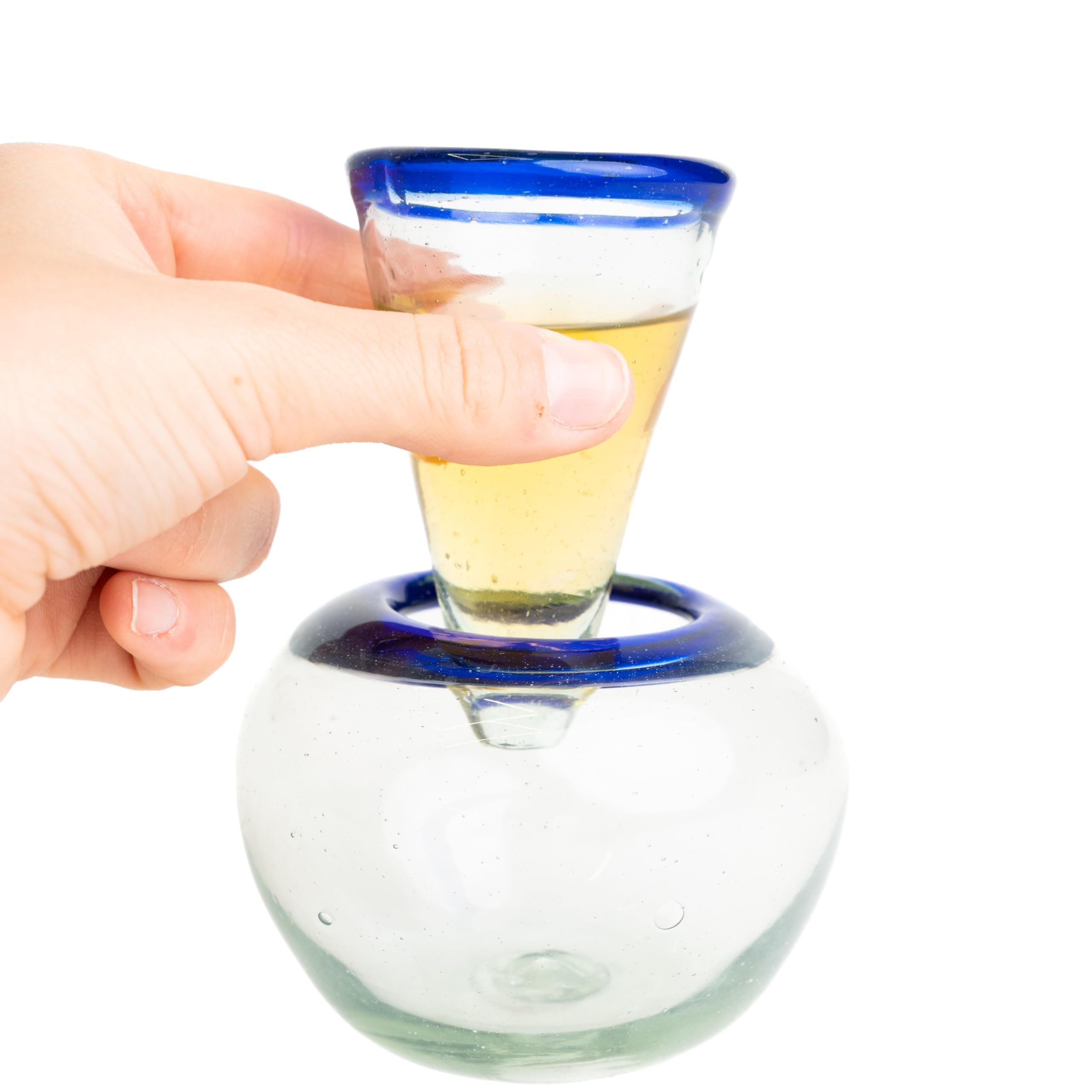 Self-Chilling Tequila Shot Glasses with Built-in Ice Bowl | Hand-Blown Mexican Glassware with Cobalt Blue Rim | 2 oz Lead-Free | Unique Bar Gift for Tequila & Mezcal Lovers