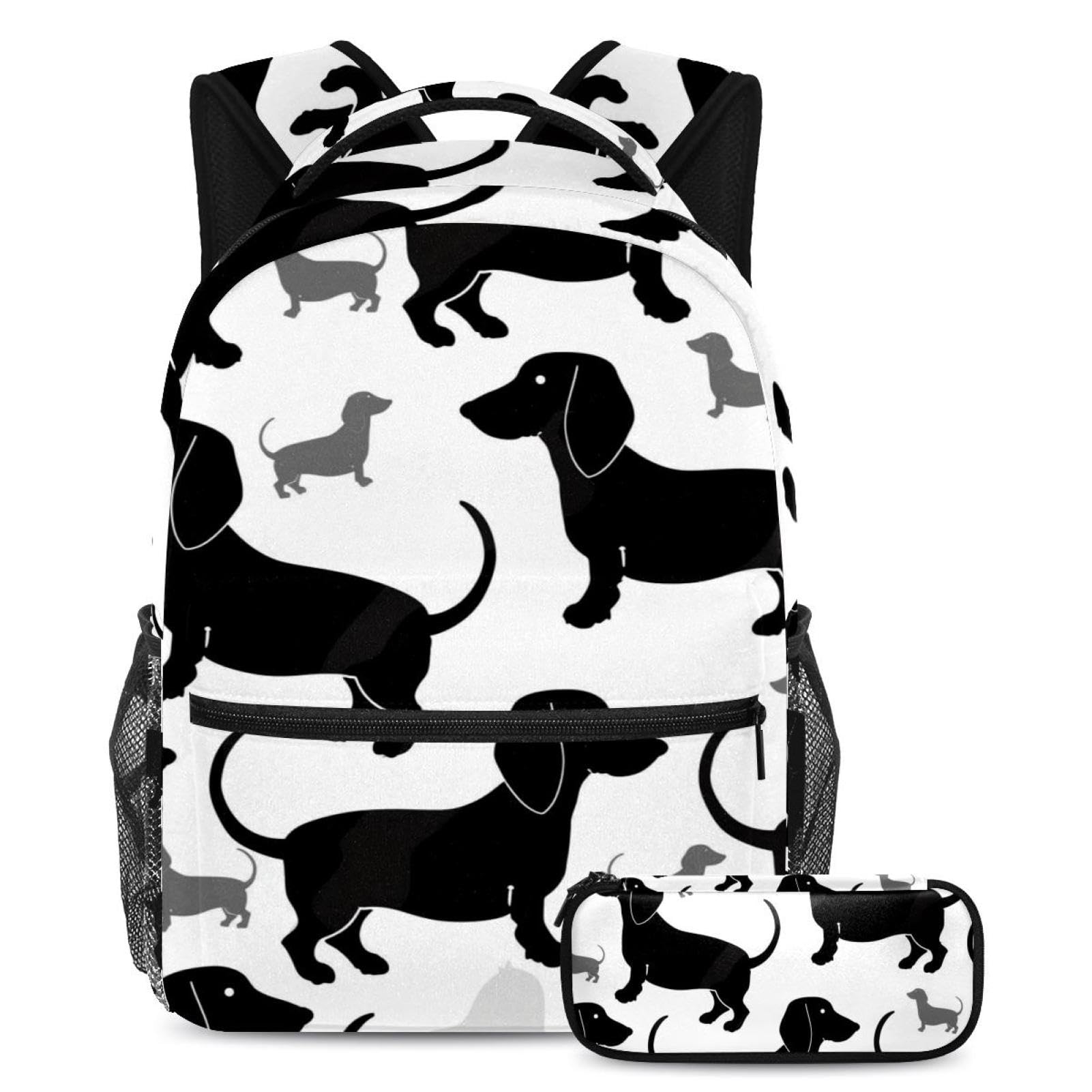 Mini sac à dos teckel noir avec trousse scolaire pour enfants et adolescents