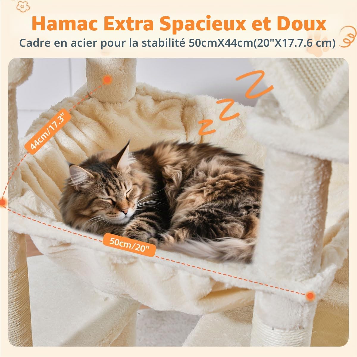 Taoqimiao Arbre a Chat Maine Coon,180cm Stable Arbres à Chat XXL avec 2 Condos Spacieux pour Chats, 8 Griffers, 2 Plateformes, Panier pour Matou, Confortable Hamac, Beige MS026LM
