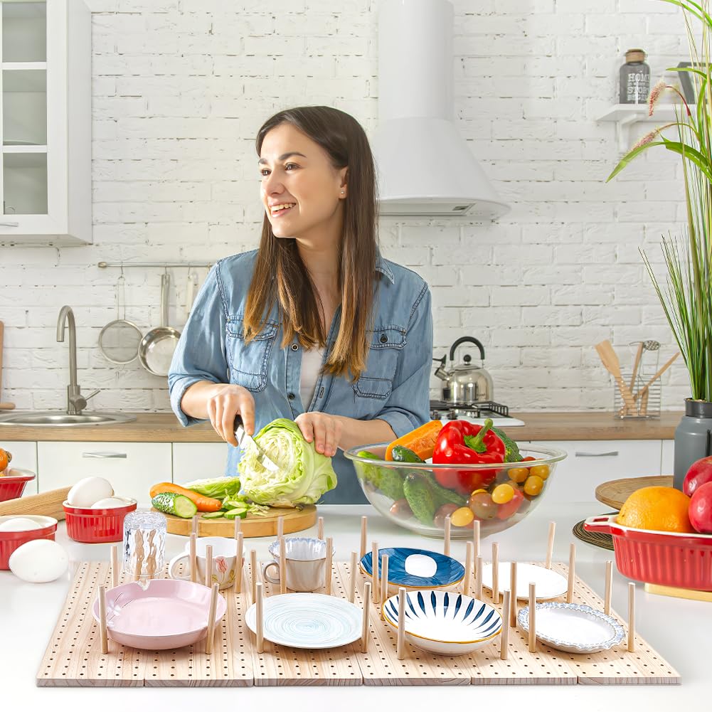 peacoblue Juego de 6 organizadores de cajones de madera, 40 clavijas y tornillos incluidos, para organizar platos de cocina, platos, recipientes de alimentos (17 x 5.9 pulgadas)