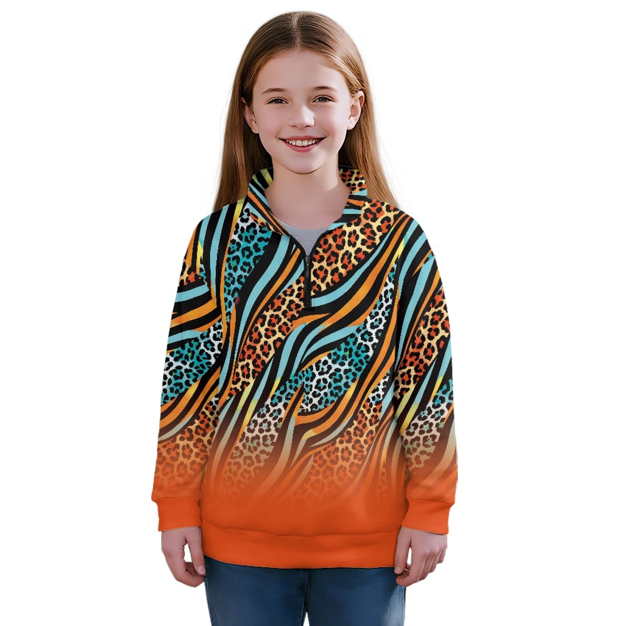 AmzPrint Half Zip Pullover Jackets Girls Long Sleeve Warm Pullover Back To School Running Oversized Hoodie For Big Girls