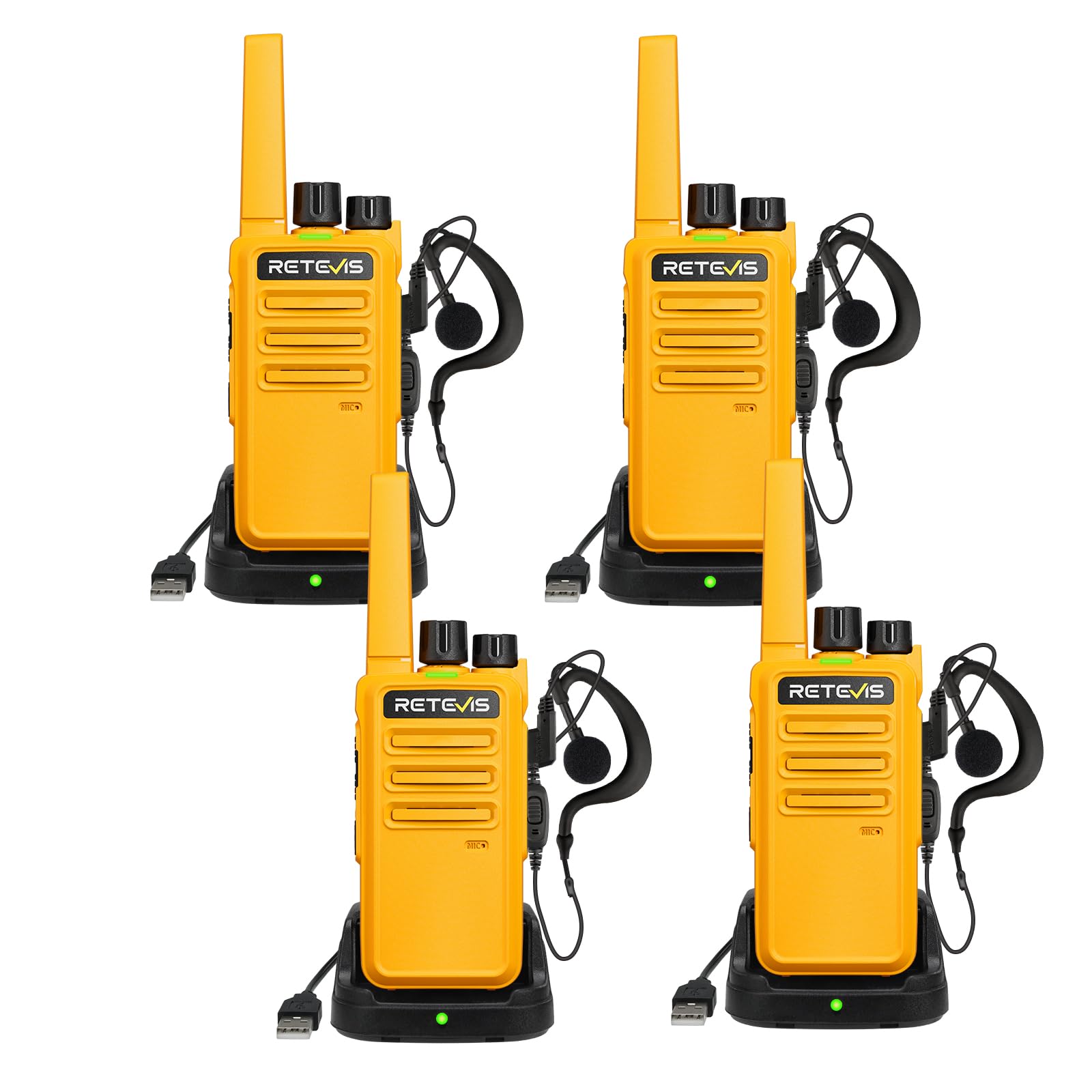 Retevis RT668 Walkie Talkie, PMR446 Walkie Talkie Profesional con Auriculares, Robusto, VOX, Cable USB C, Linterna LED, Radiocomunicación aal Adultos, Restaurante, Construcción, Industria(2 Par)