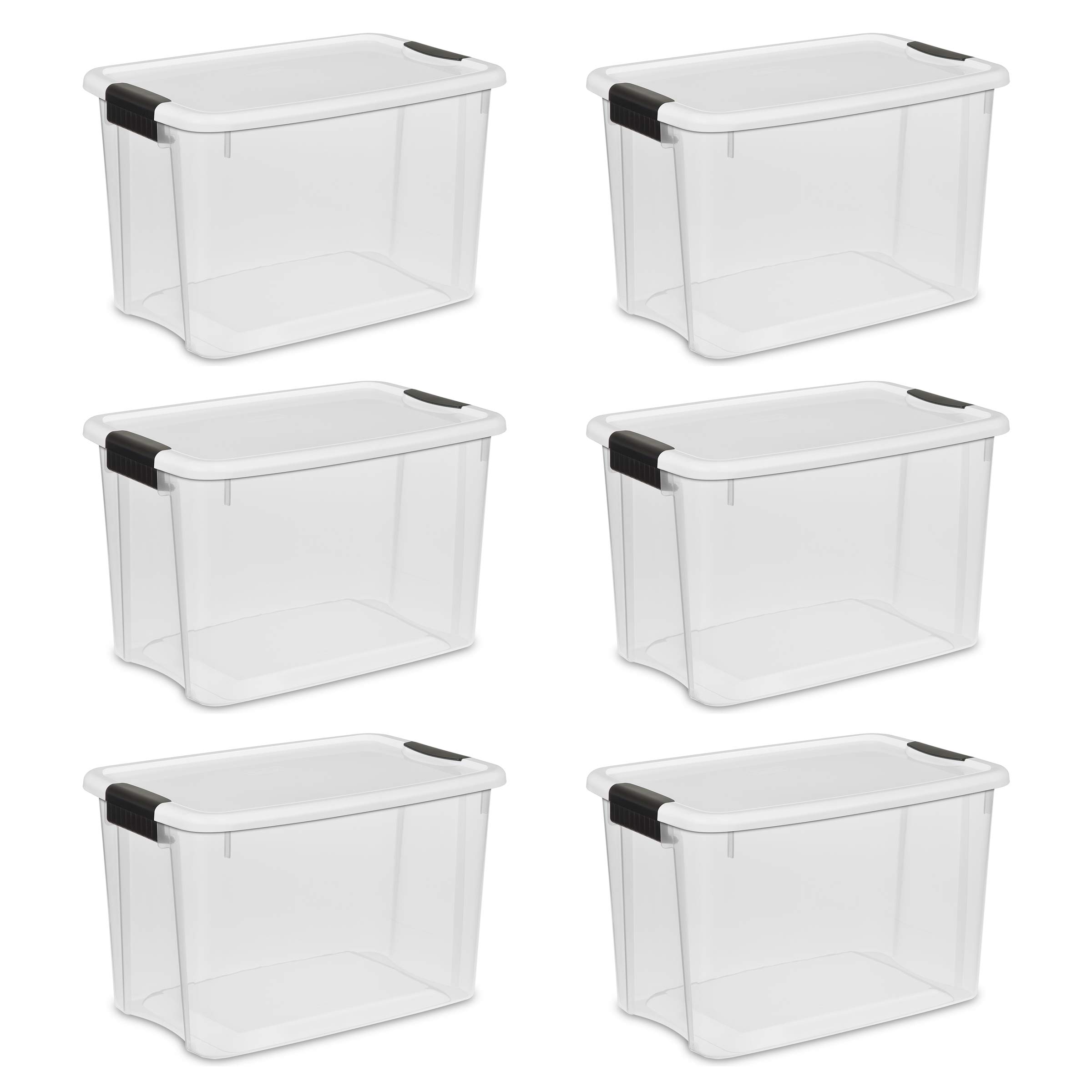 Photo 1 of (GREAT CONDITION) Sterilite 19859806, 30 Quart/28 Liter Ultra Latch Box, Clear with a White Lid and Black Latches, 6-Pack 30 Quart 6-Pack Solid