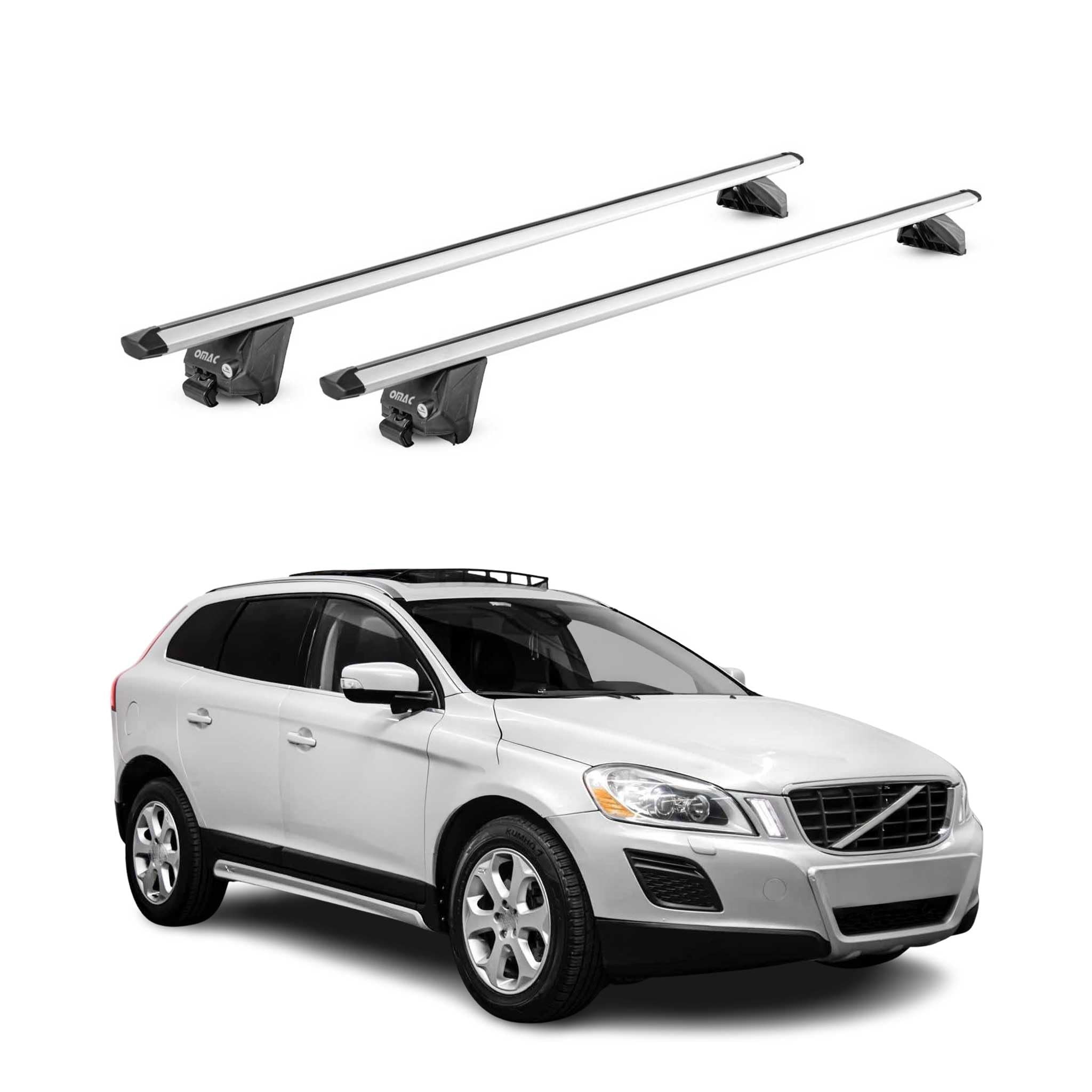 OMAC Barras de Techo Aluminio TÜV geprüft para Volvo XC60 I 2009-2017 – para Barras Integradas – T Nut – MAX 100 kg – 2 Schlösser Plata