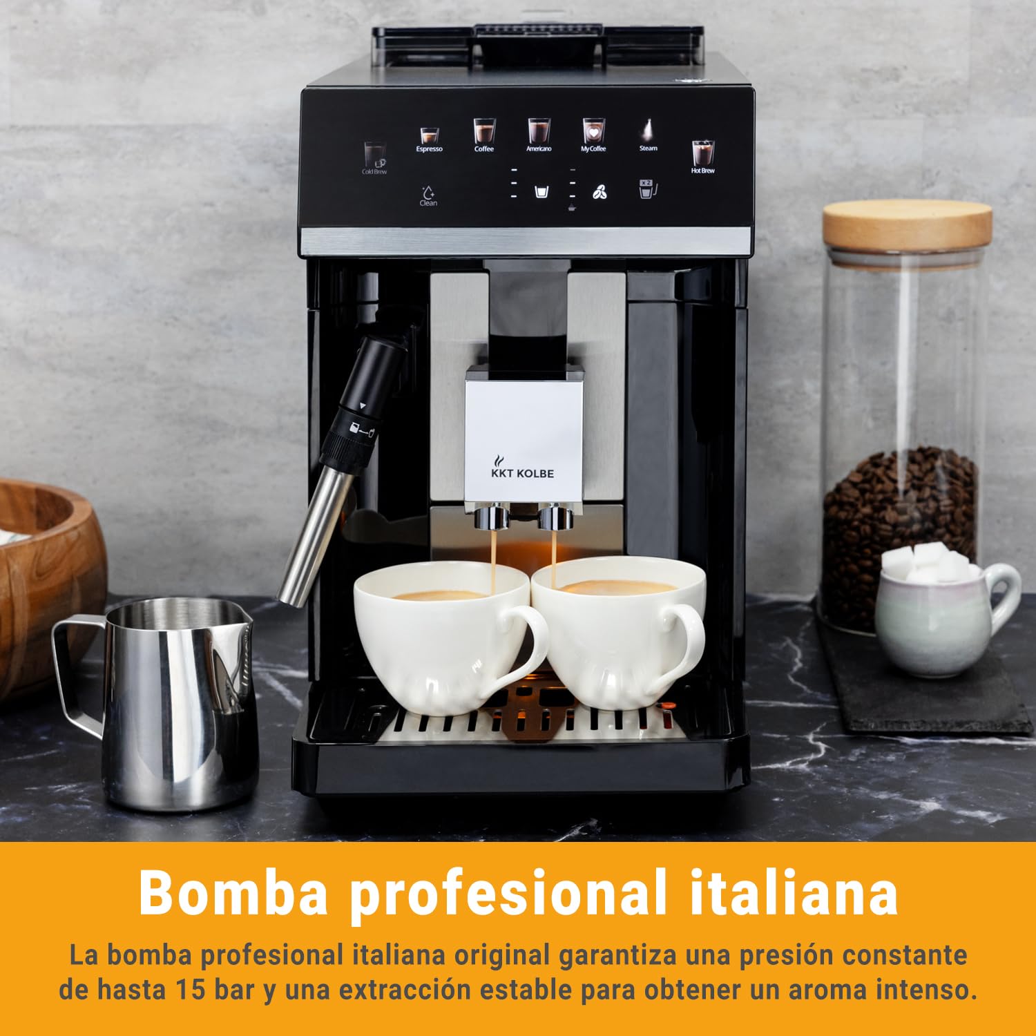 KKT KOLBE Cafetera totalmente automática con boquilla de espuma de leche, ColdBrew y accesorios, función de 2 tazas, 15 bar, molienda de 7 etapas, pantalla táctil, limpieza automática, negro y plata
