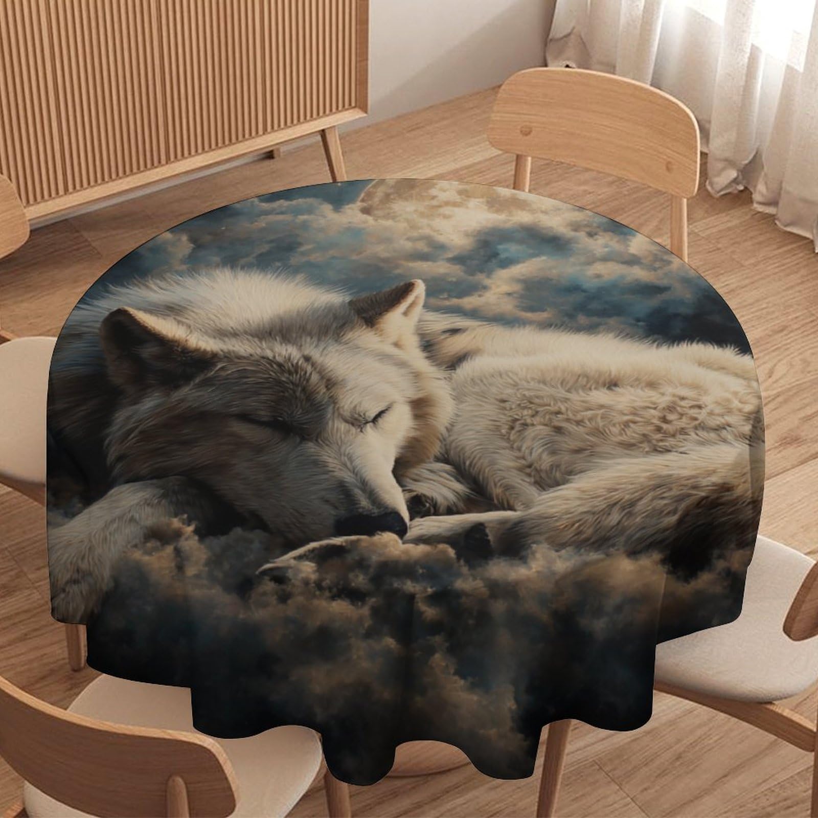 LUYYSKY Retro Rustic Wolves Waterproof Round Tablecloth Beautiful Abstract Full Moon Dreamcatcher Animal Wolf Pattern Washable Table Cover for Kitchen-127 Wx127 L cm