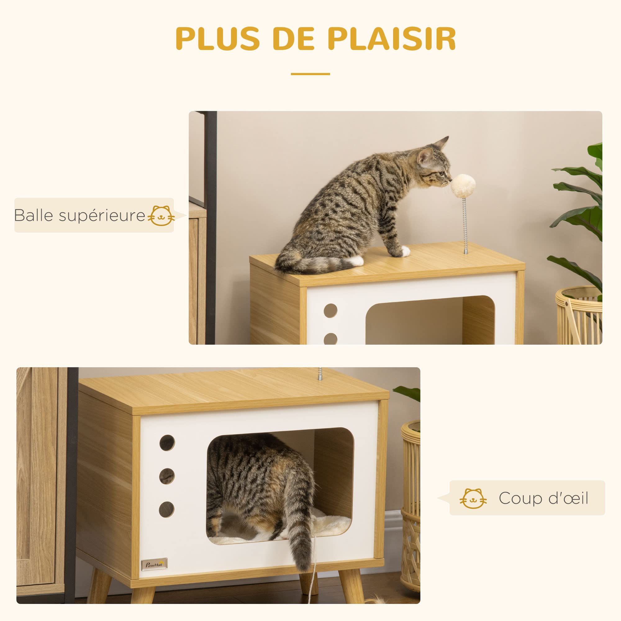 PawHut Maison Niche pour Chat Forme de TV avec Coussin Douillet et Balle rebondissante - 50 x 28 x 43 cm