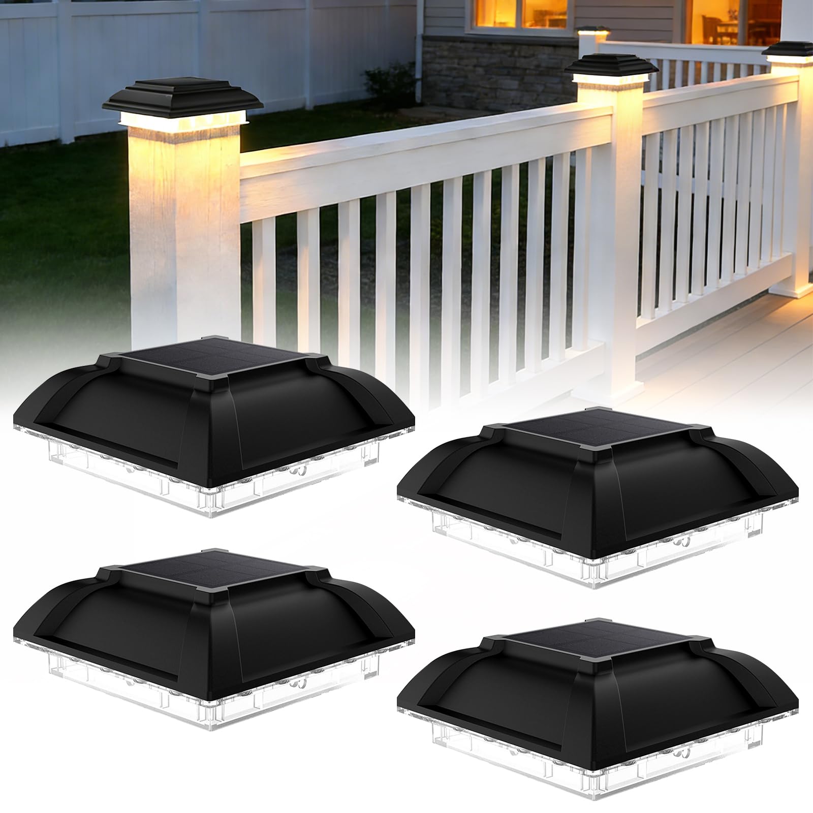 4 Stück Solar Pfostenkappe, Pfostenleuchte Solar, Pfostenleuchte, Led Pfostenkappe, Ip65 Wasserfest Pfostenlichter, Passend Für 3.5x3.5in 4x4in Foste Für Hölzerne Pfosten, Terrasse(Warmes Licht)