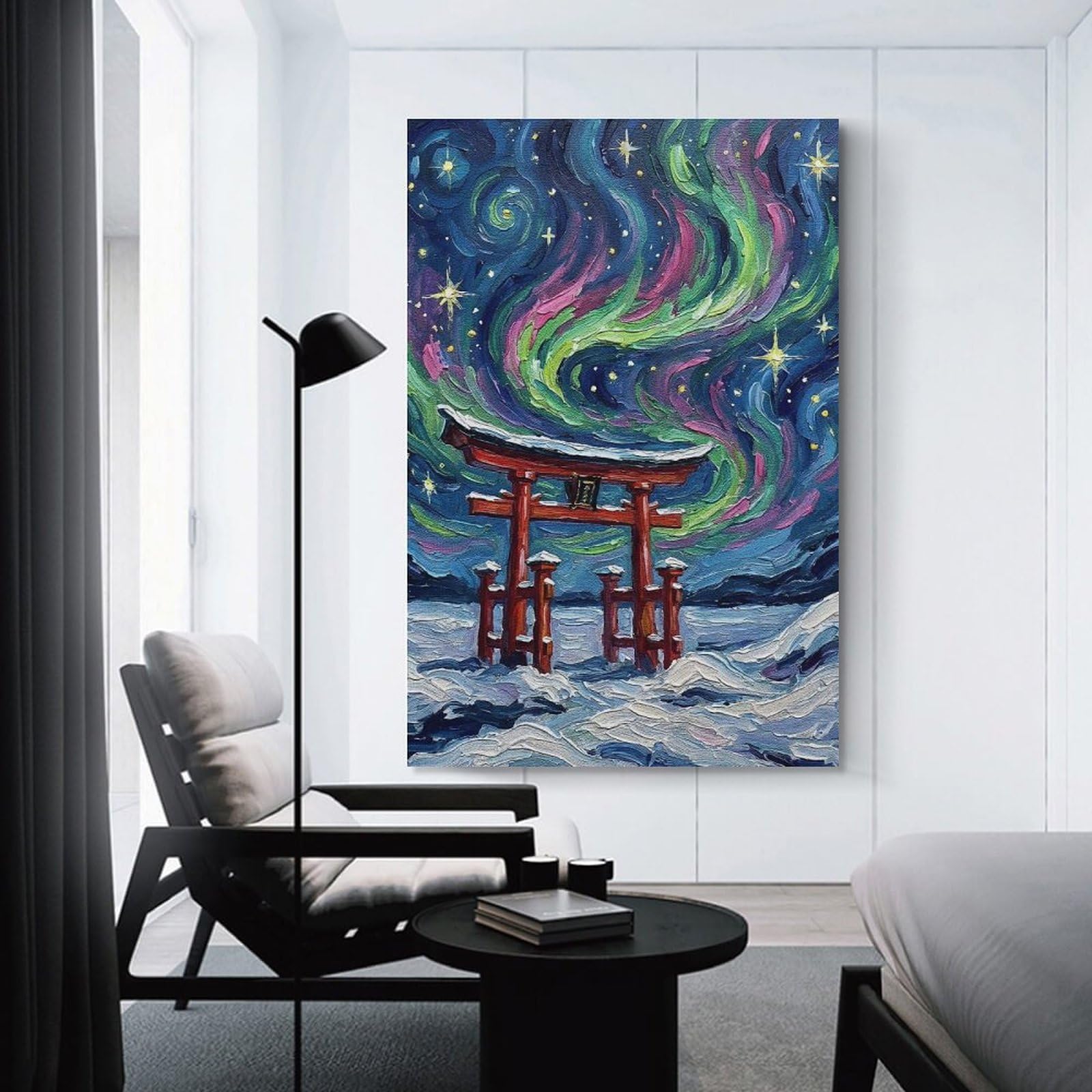 Junmoney Torii Gate Under Aurora Borealis Painting Canvas Wall Art, 20x30inch(50x75cm), for Bedroom Decor, Cosy Corners Or Studios, Stylish Decor for A Restful Room Update