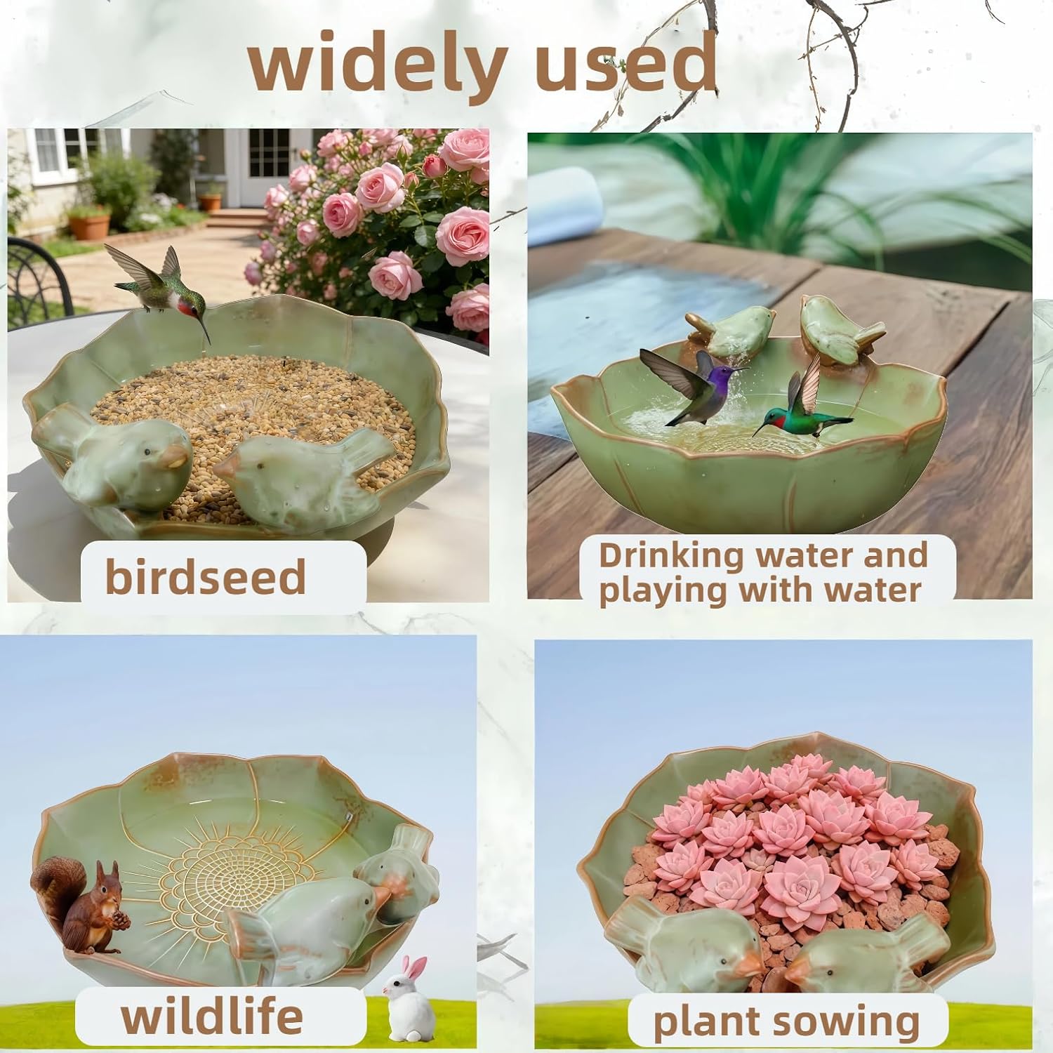 Green Ceramic Bird Bath Bowl for Outdoors, 10.1 Inch Garden Birdbath Suitable for Outdoor Ground and Garden use, Four Seasons Universal Birdbath for Deck, Balcony, Lawn