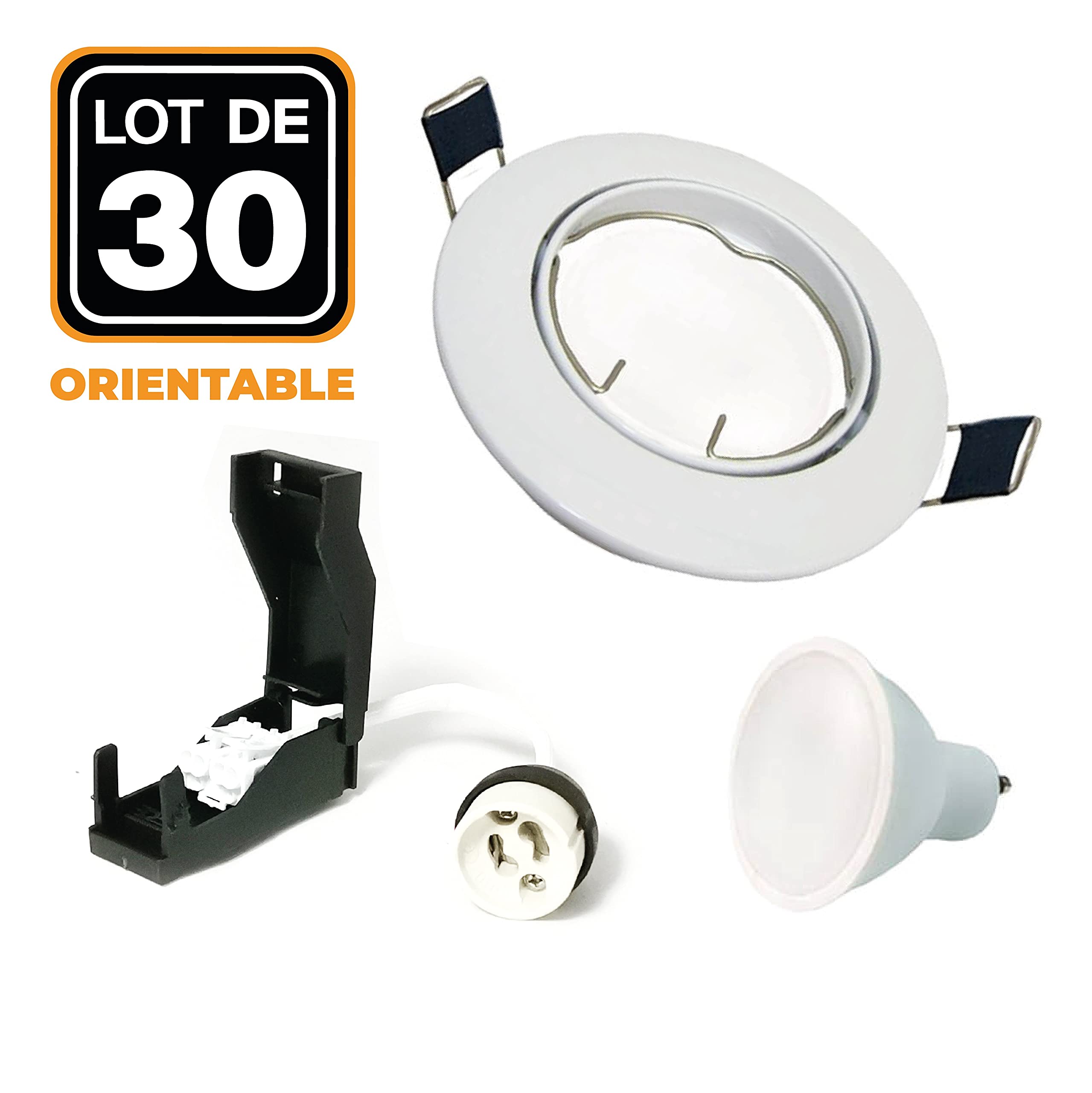 Europalamp – 30 focos empotrables orientables blanco con GU10 LED de 7 W eqv. 56 W blanco cálido 3000K