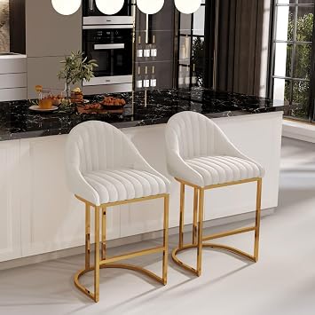 White Bar Stools Set of 2, 26 Counter Height Bar Stools Gold Legs & Curved Back, Chenille Upholstered Barstools Metal Counter Stool Chairs Island Chairs for Kitchen Island/Counter