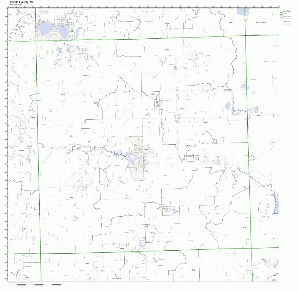 Oscoda County, Michigan MI ZIP Code Map Not Laminated