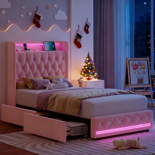 HIFIT Upholstered Twin LED Bed Frame with Charging Station Headboard & 4 Storage Drawers, Velvet Crystal Button-Tufted Princess Twin Size Platform Bed Frames for Kids/Girls, No Box Spring Needed, Pink