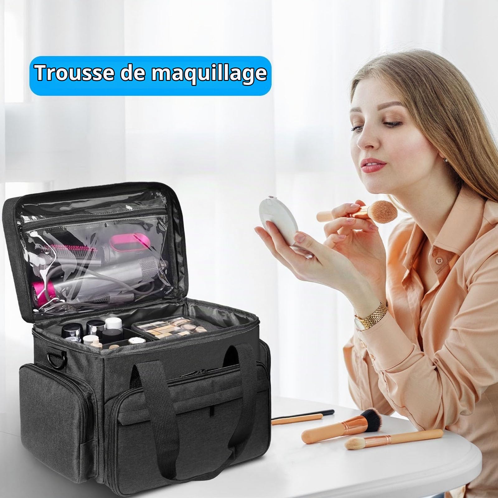 Grande trousse de maquillage avec 2 poches amovibles, séparateurs amovibles et bandoulière, sac de rangement professionnel pour fournitures capillaires, articles de toilette, salon de beauté, barbier