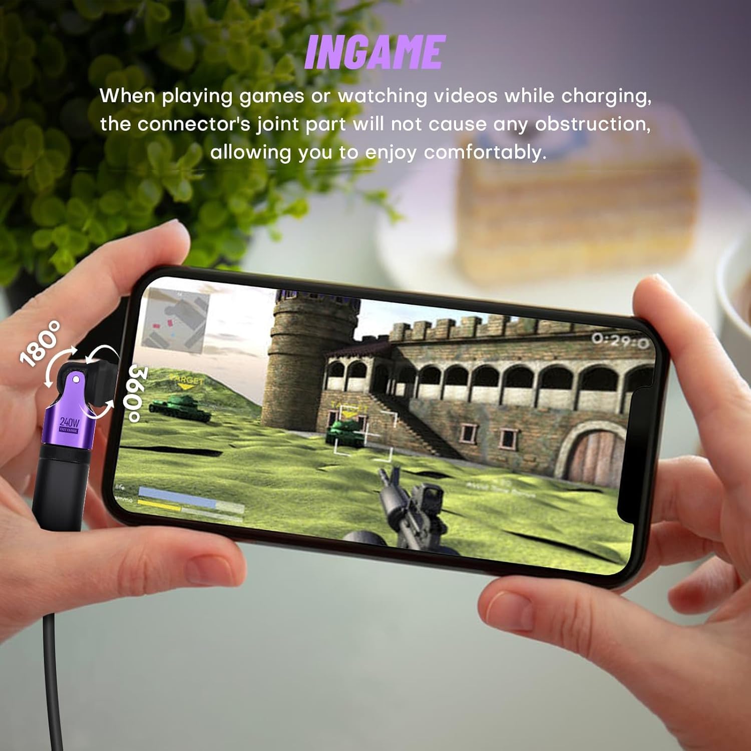 USB Adapter Type C to C Right Angle 180° Rotation PD 240W 4 Pack USB2.0 480Mbps Phone OTG Fast Charge Adapters with LED Indicator for Type-C Devices (Purple) - Image 2