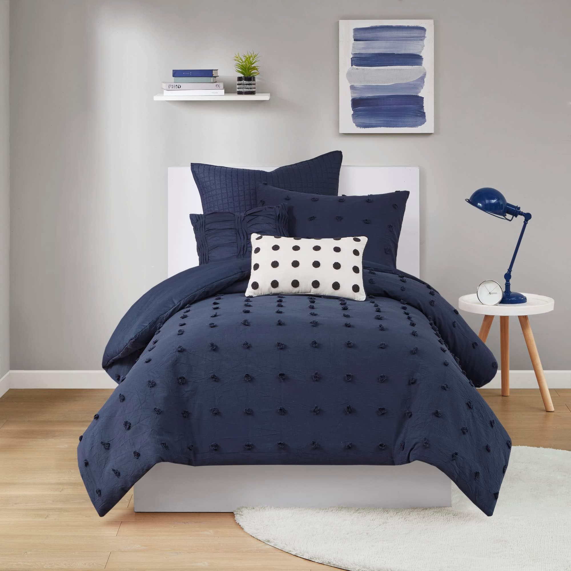 Urban Habitat Duvet Set 100% Cotton Jacquard, Tufts Accent, Shabby Chic All Season Cover for Comforter, Matching Shams, Decorative Pillows, Twin/Twin XL (68 in x 92 in), Navy 5 PieceOEKO-TEX STANDARD 100