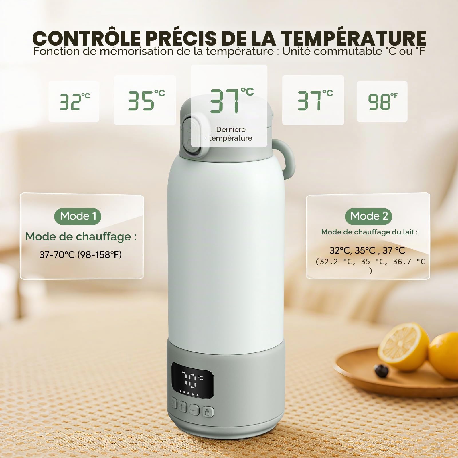 Chauffe-Biberon Portable 500ml, Chauffage Rapide, Inox 316 | 100W chauffe lait & eau, batterie 16000mAh, réglage précis 32-70°C, écran LED, anti-fuite pour maison & voyage