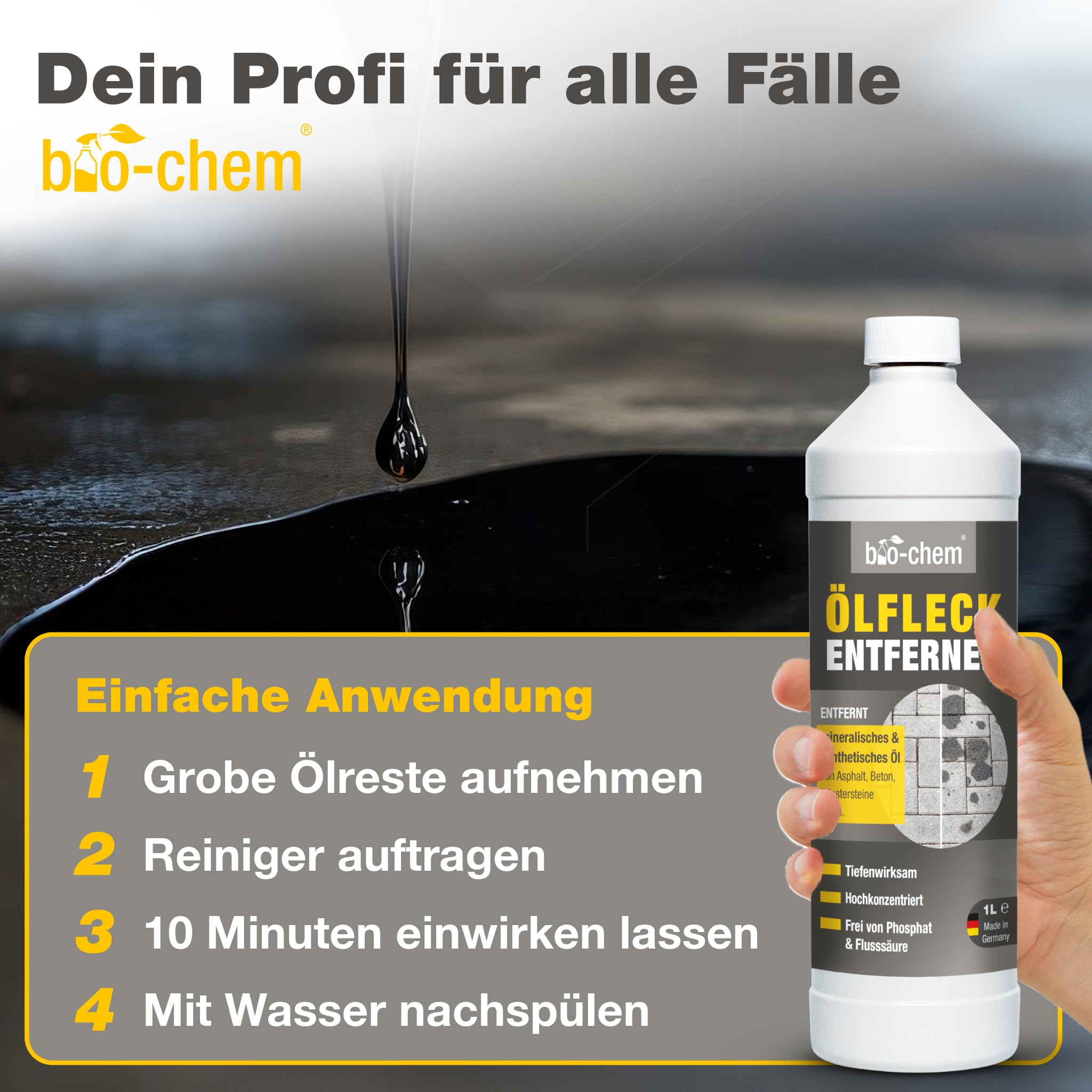 bio-chem Ölfleckentferner 2x 1L für Pflaster & Beton | Zur Entfernung von Ölflecken aller Art auf Pflastersteinen, Beton und Asphalt