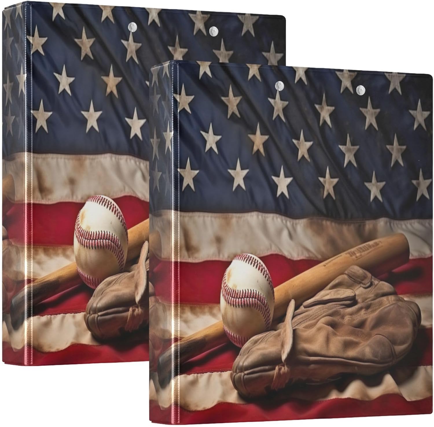 American Flag Baseball 3 Ring Binder 1.5 Inch Round Binders, Holds 200 Sheets, Versatile Binder with 3 Inside Pockets for Office Home, 2 Pack