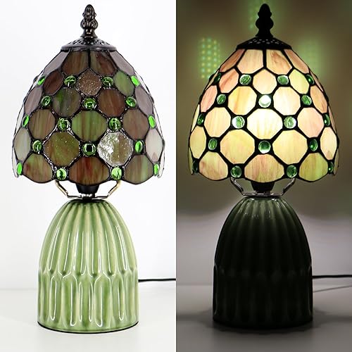 Miniatura 9 de Tiffany Lamp Stained Glass Mushroom Table Lamps 6X6X12.5 Inch Amber Green Pearl Style Small Night Light Ceramic Base Mini Accent Desk Light Suitable