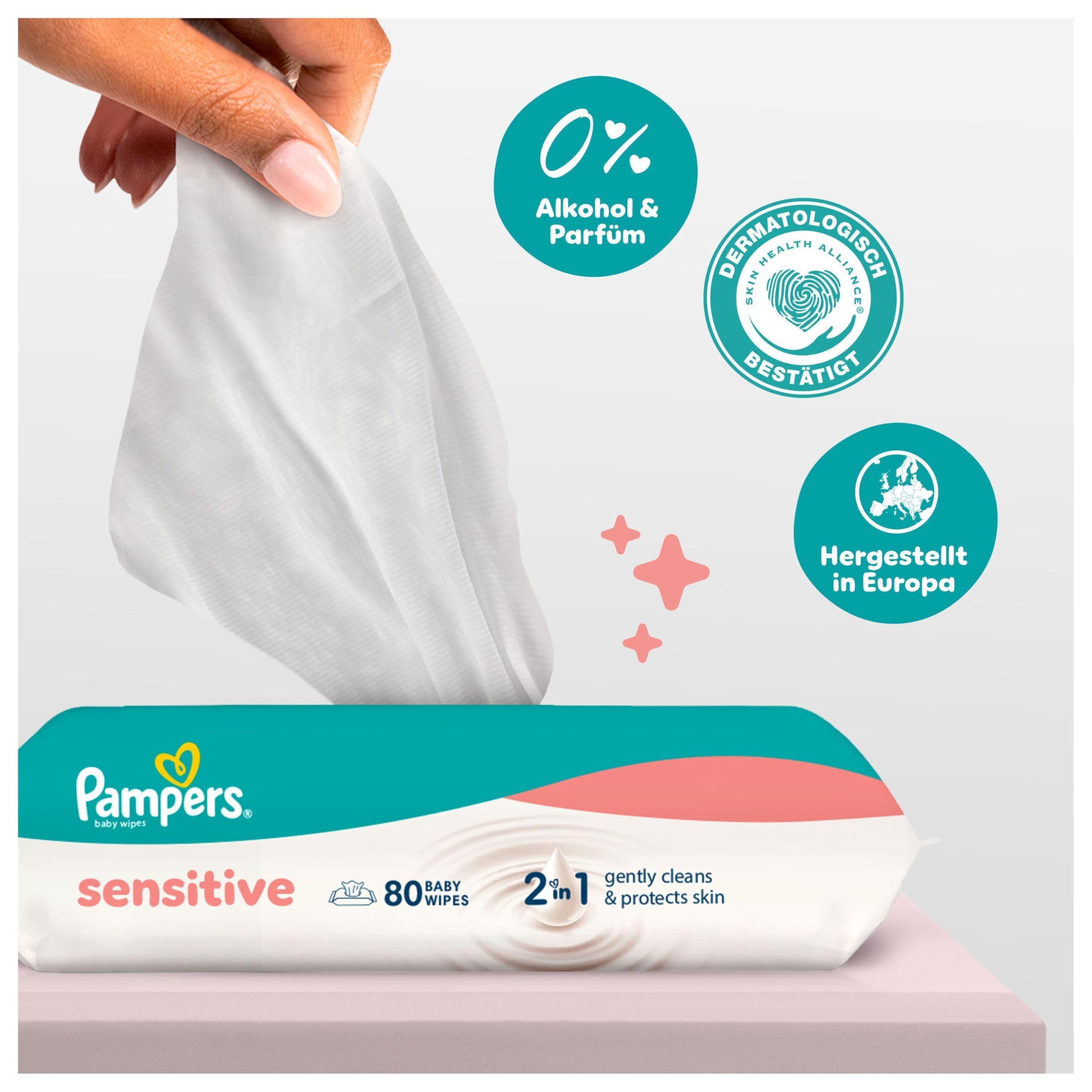 Pampers Sensitive Baby-Feuchttücher, 12 Packungen mit 80 Feuchttüchern = 960 Baby-Feuchttücher, 2-in-1 sanfte Reinigung & Hautschutz