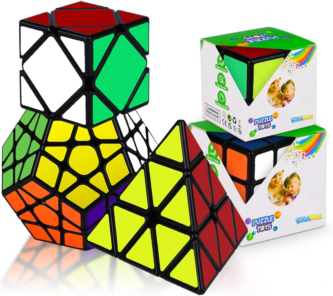 KidsParkMagic Cube Set 2x2 3x3 Pyramid Pyraminx Megaminx Skew Puzzle Cube, 3D Speed Magic Puzzle Cube Bundle with Smooth Sticker for Kids & Adults (5 Pack)