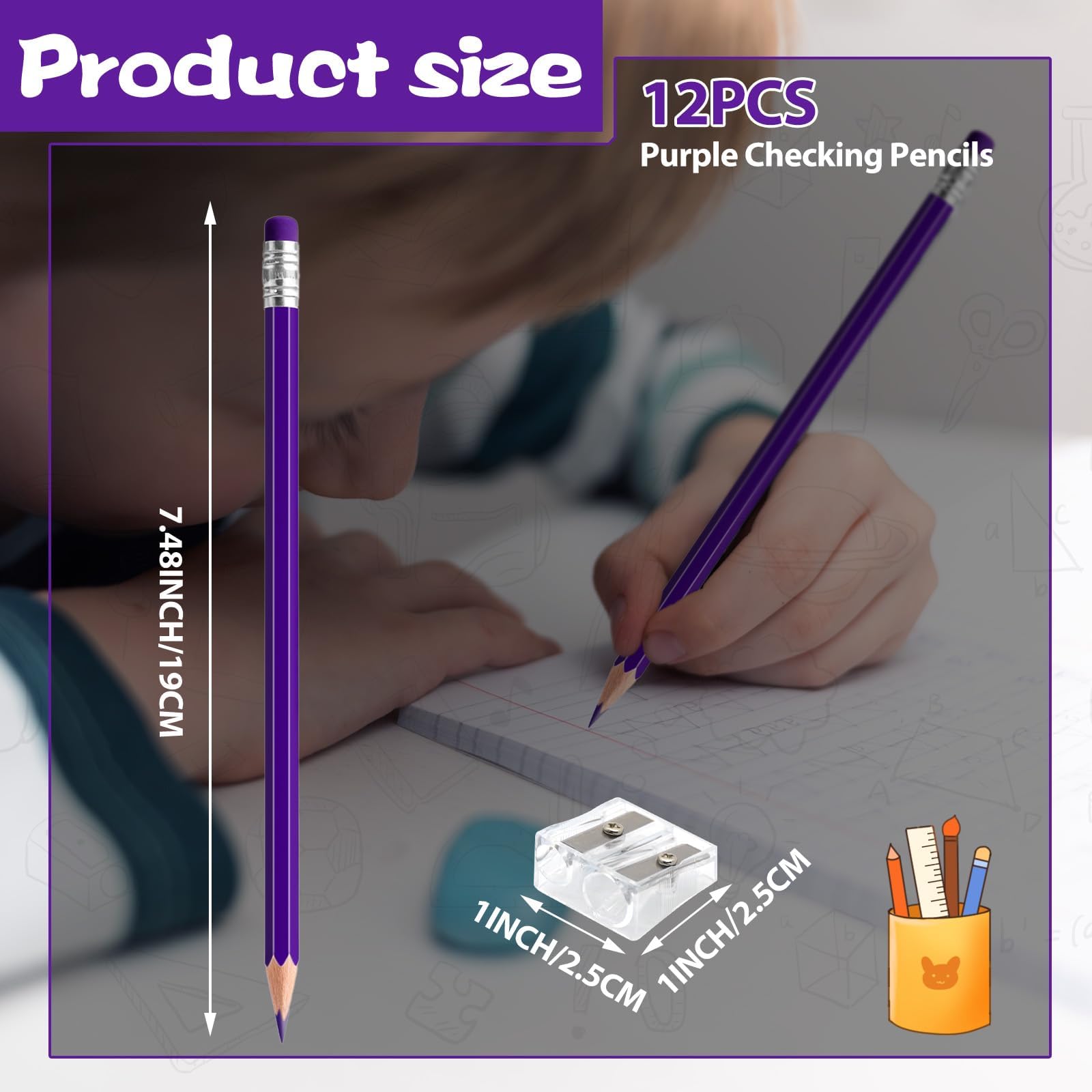 Lot de 12 crayons de couleur effaçables avec gomme pré-taillée 2 HB pour vérification, évaluation, tests et fournitures de bureau/scolaire (violet)